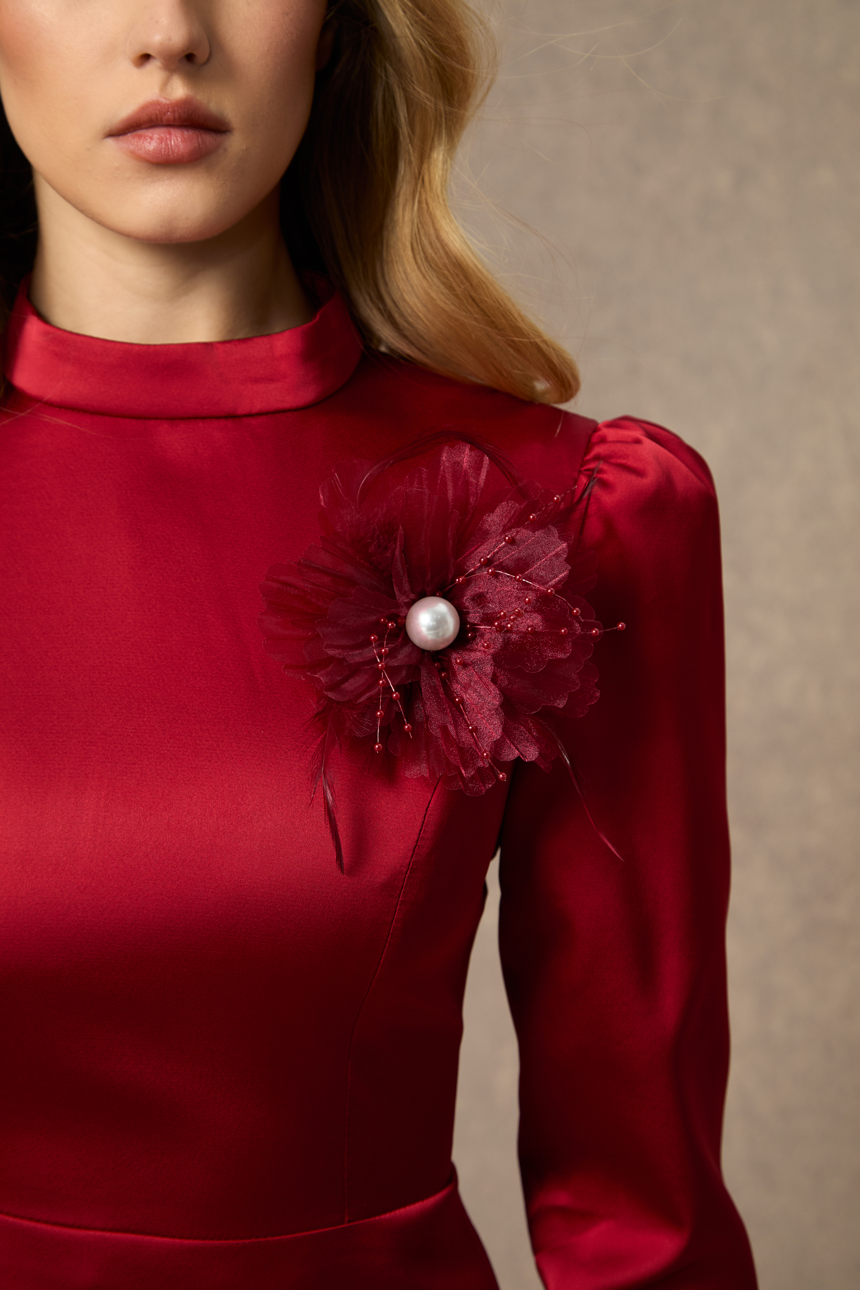 Beautiful Evenings Burgundy Floral Applique Satin Top & Lace Skirt Set