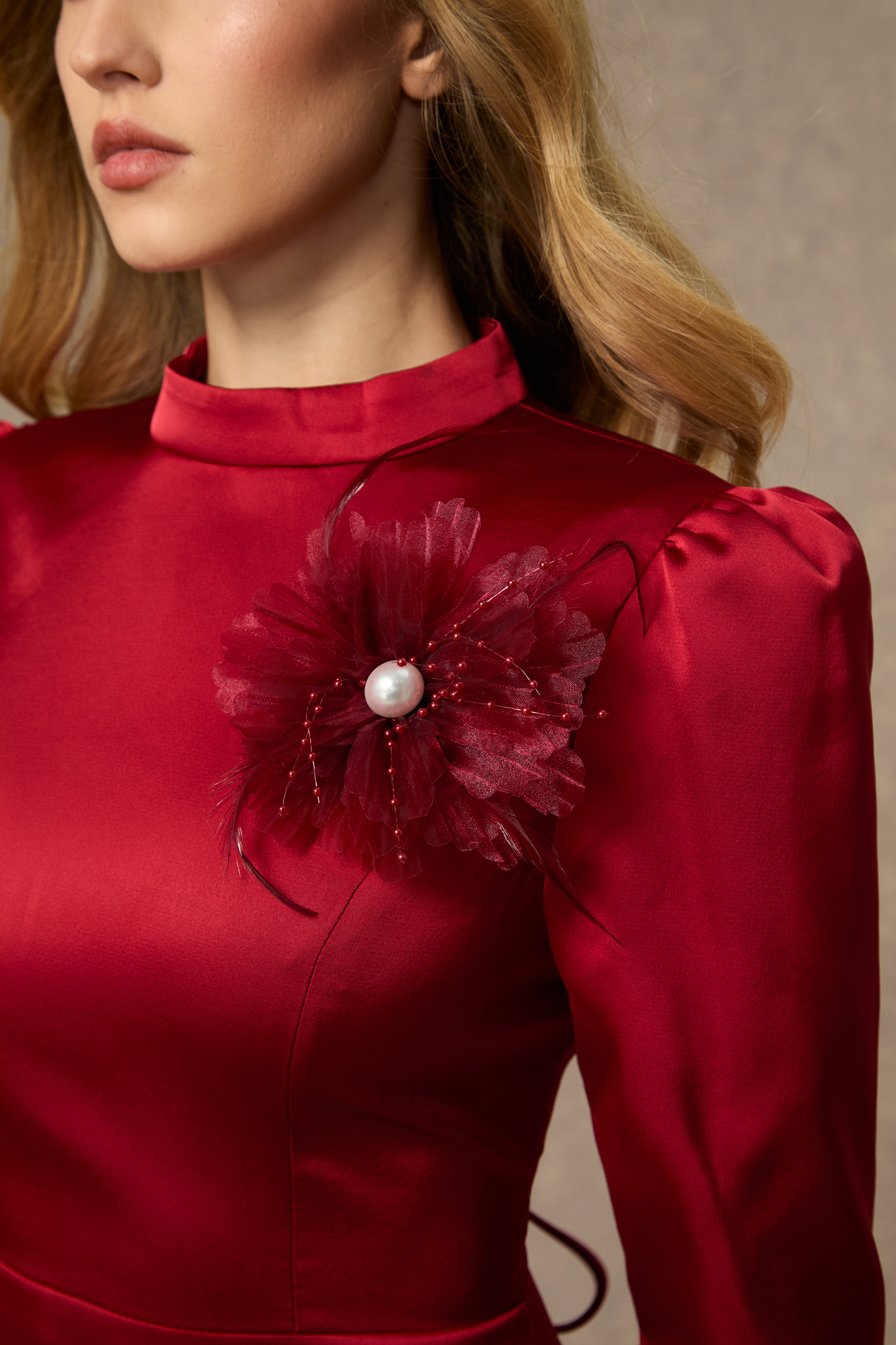 Beautiful Evenings Burgundy Floral Applique Satin Top & Lace Skirt Set