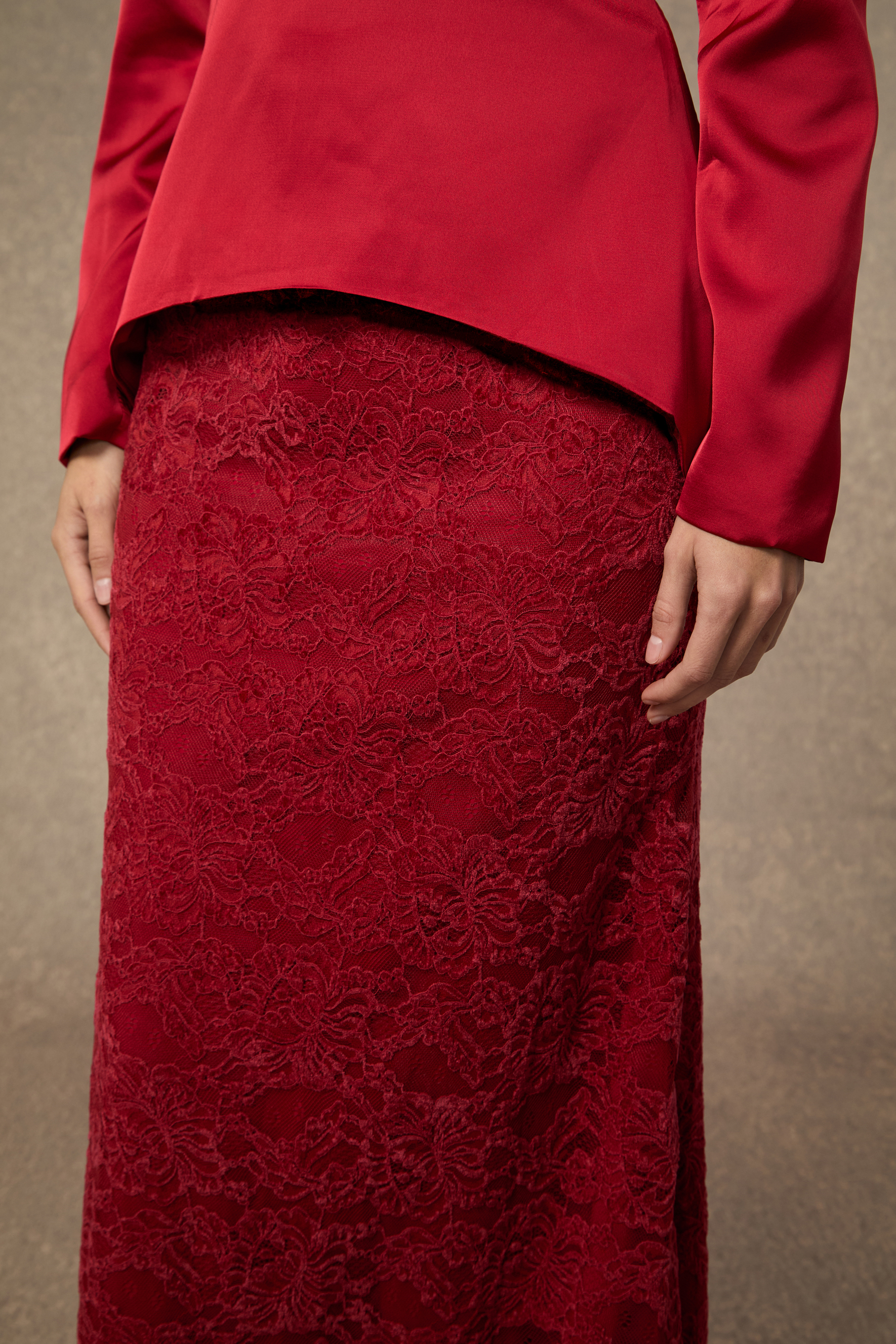 Beautiful Evenings Burgundy Floral Applique Satin Top & Lace Skirt Set