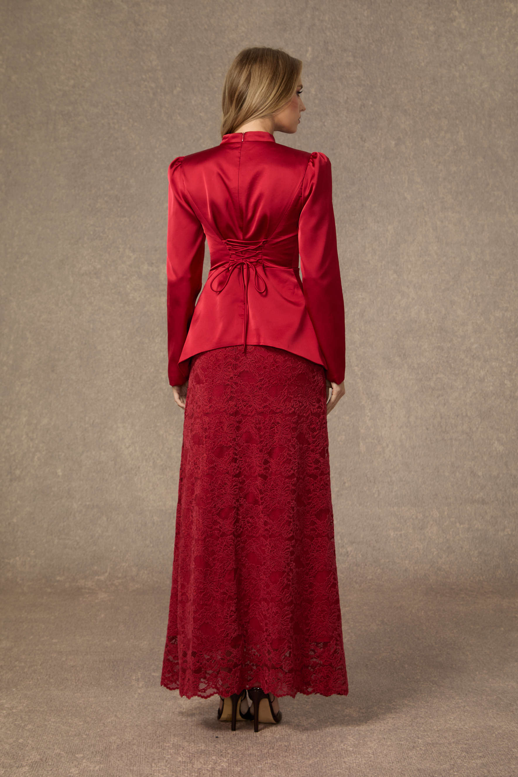 Beautiful Evenings Burgundy Floral Applique Satin Top & Lace Skirt Set