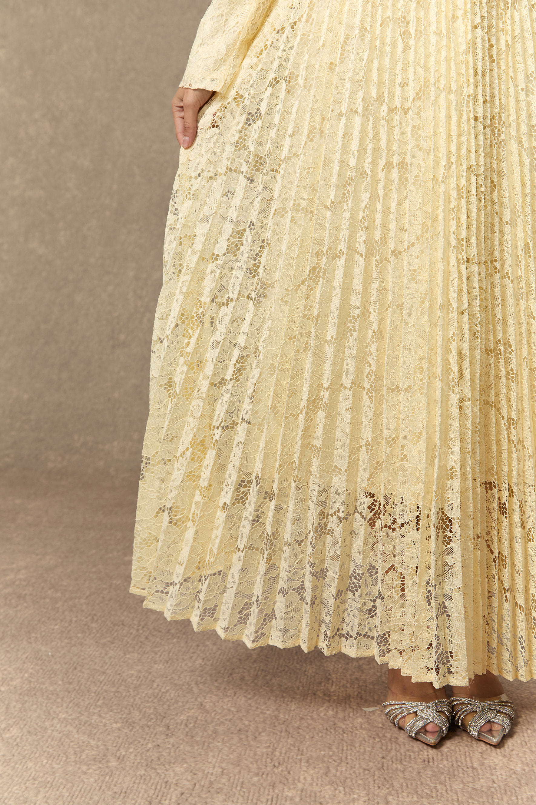 Blissful Strolls Beige Floral Lace Ruffle Jacket & Pleated Skirt Set