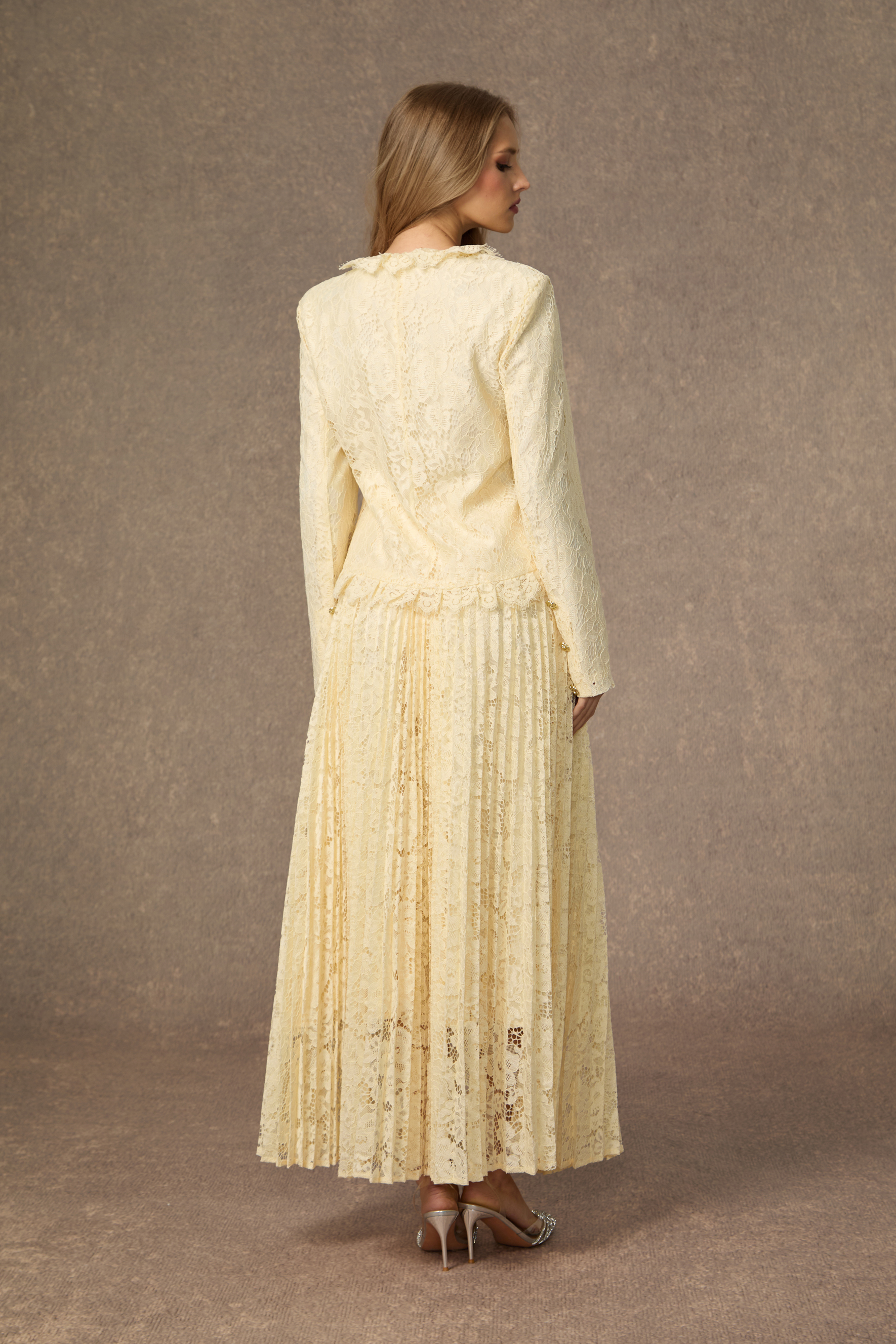 Blissful Strolls Beige Floral Lace Ruffle Jacket & Pleated Skirt Set