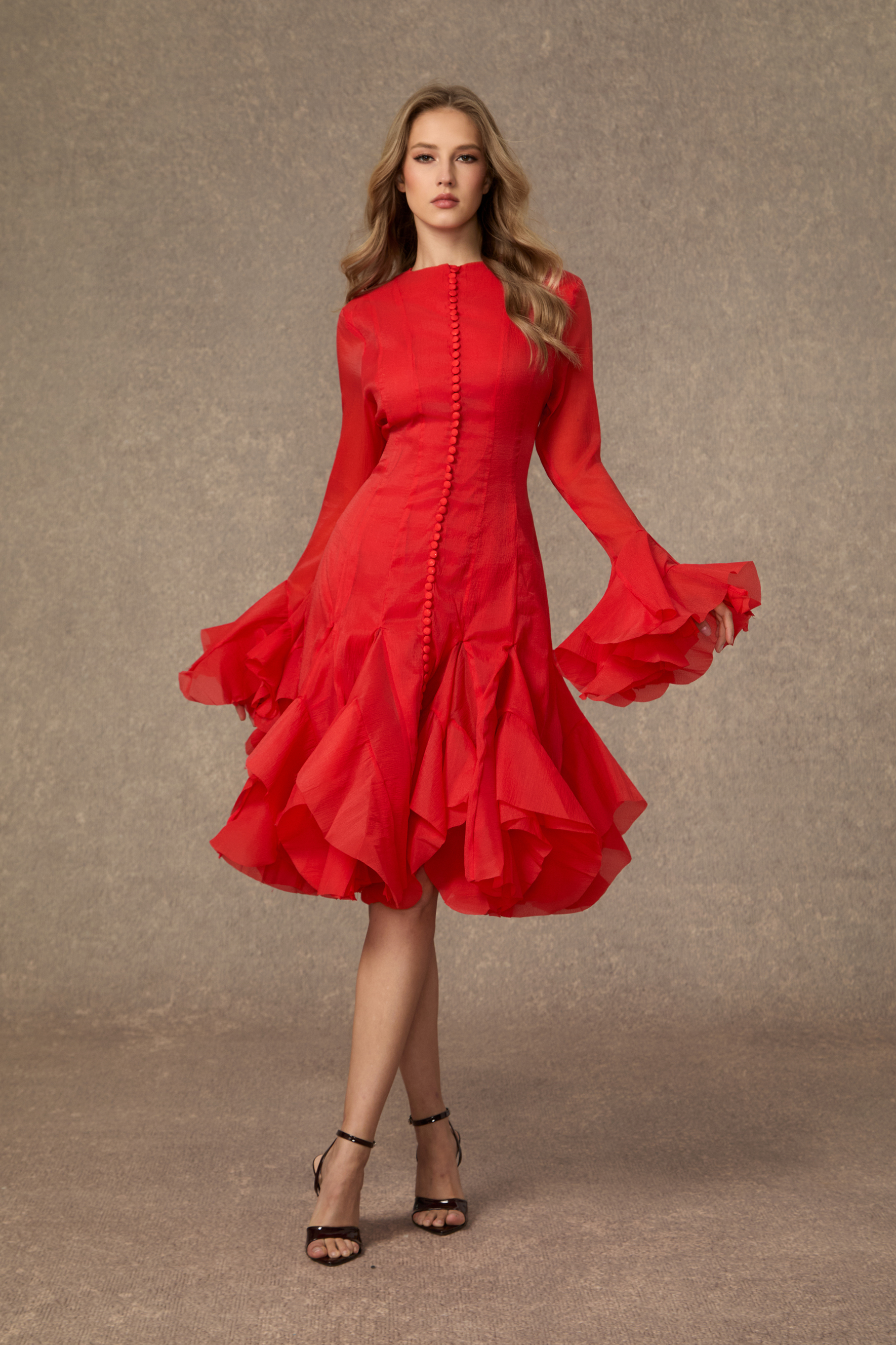 Little Fire Red Layered Ruffle Midi Dress