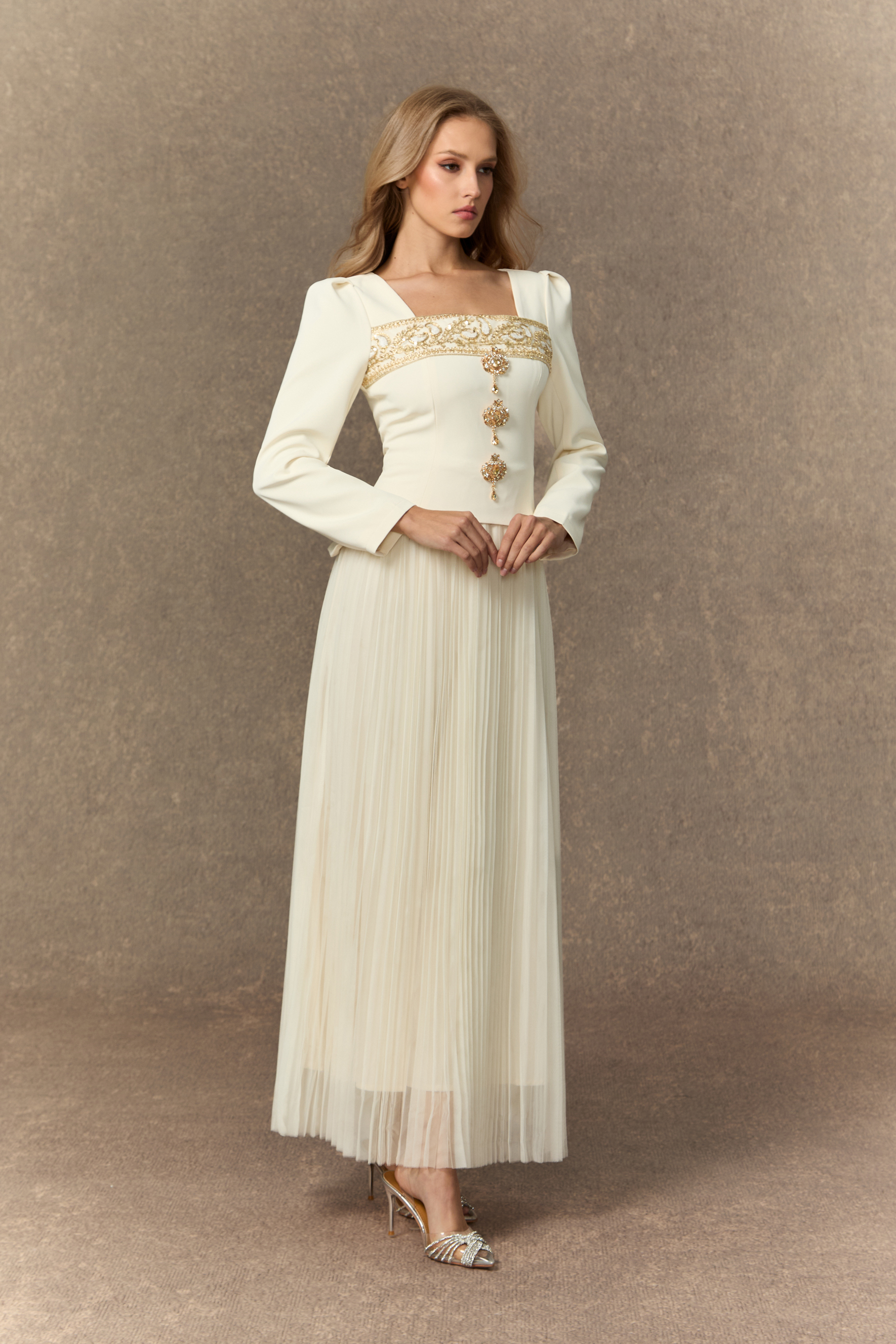 Feel The Romance Jeweled Button Pleated Maxi Dress
