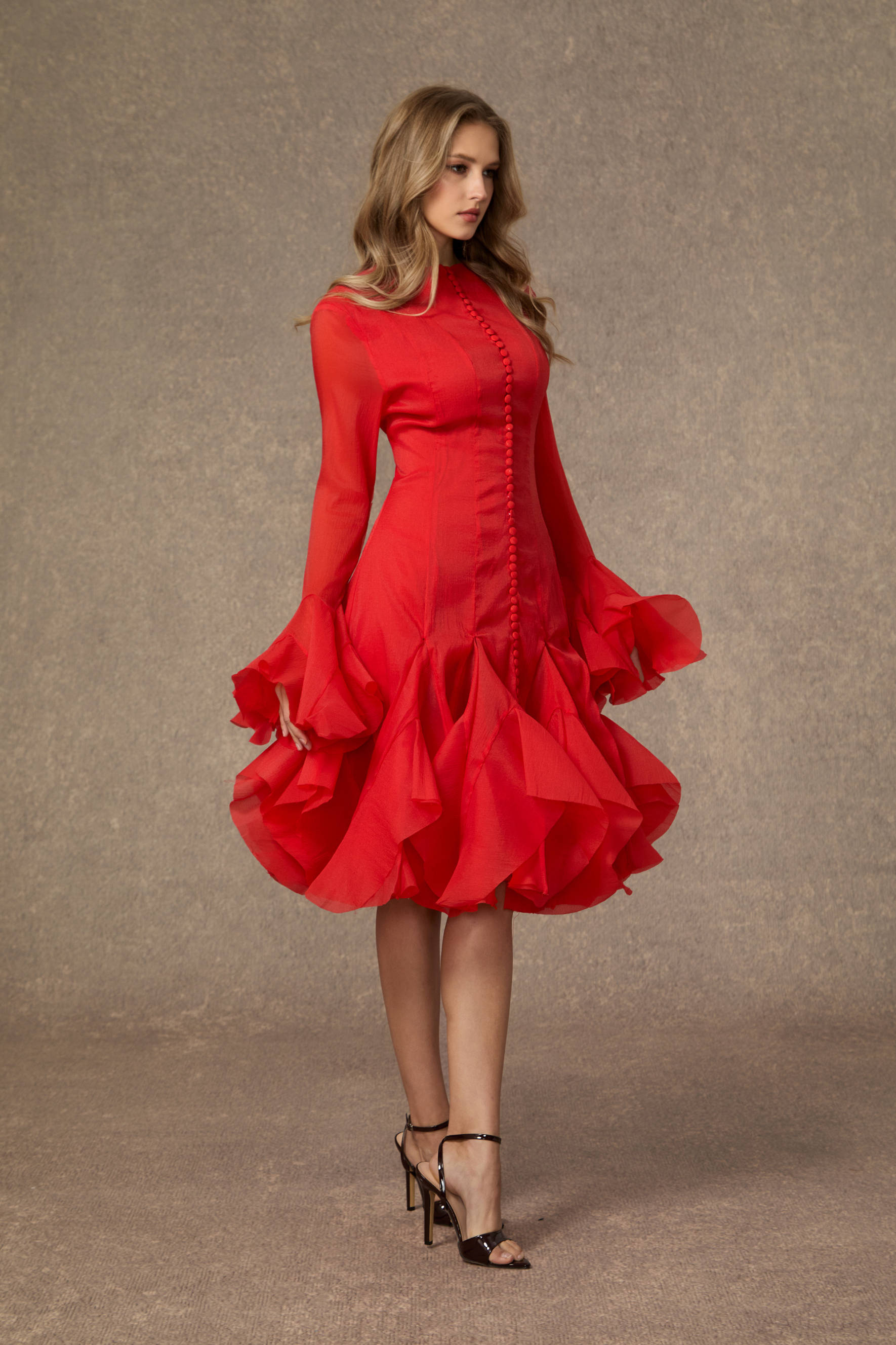 Little Fire Red Layered Ruffle Midi Dress