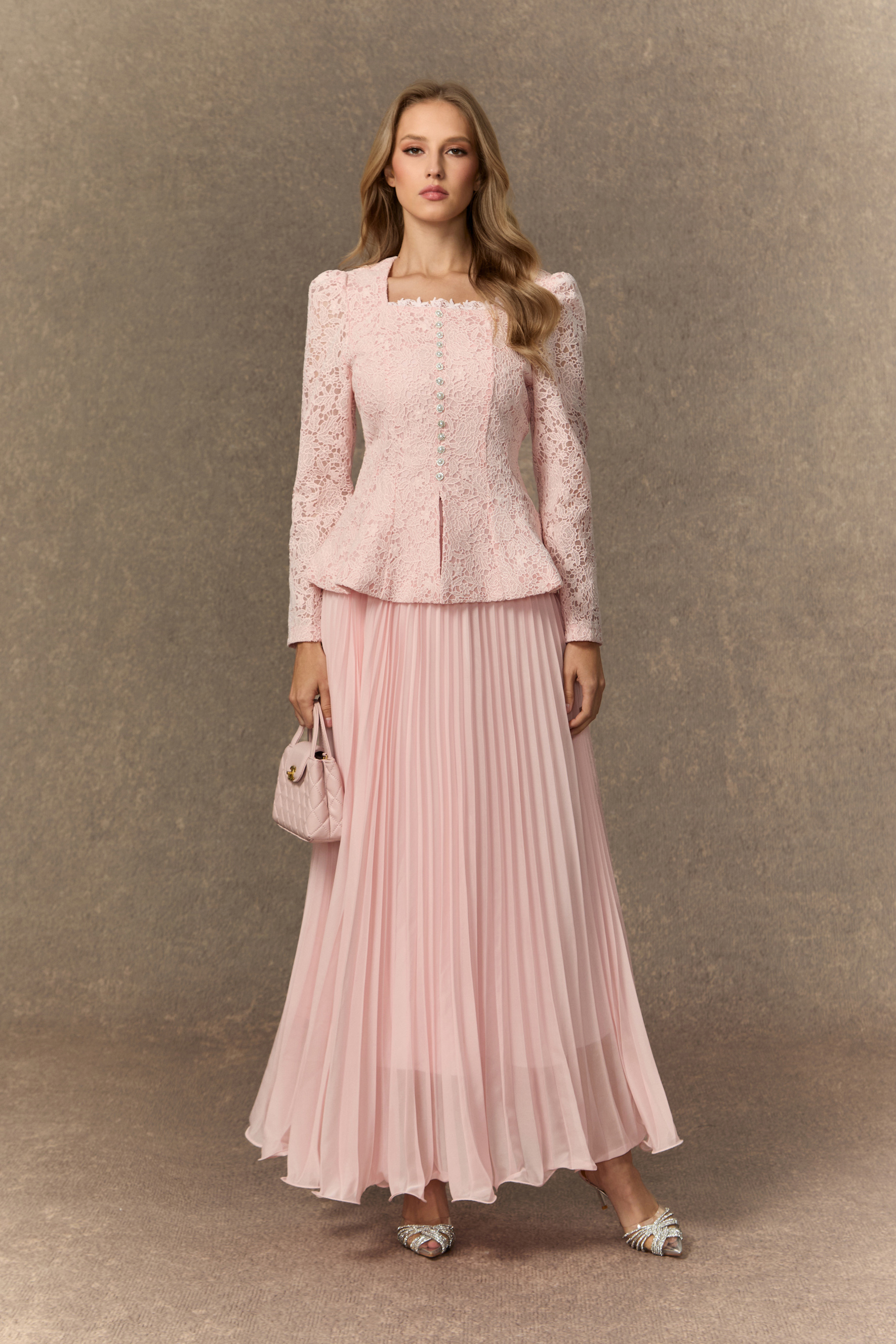 Glamorous Choice Pink Embroidered Lace Jacket & Pleated Skirt Set