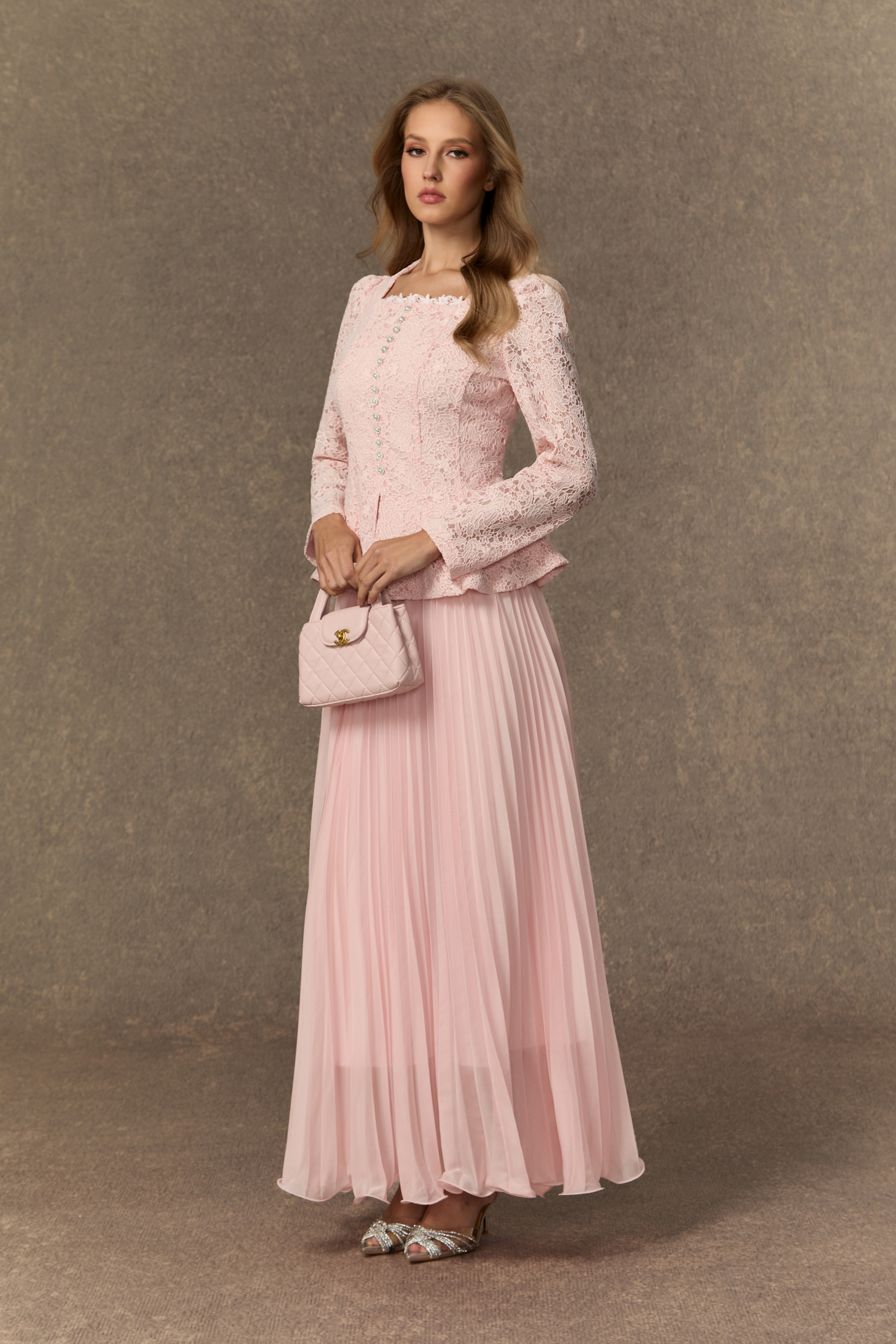 Glamorous Choice Pink Embroidered Lace Jacket & Pleated Skirt Set
