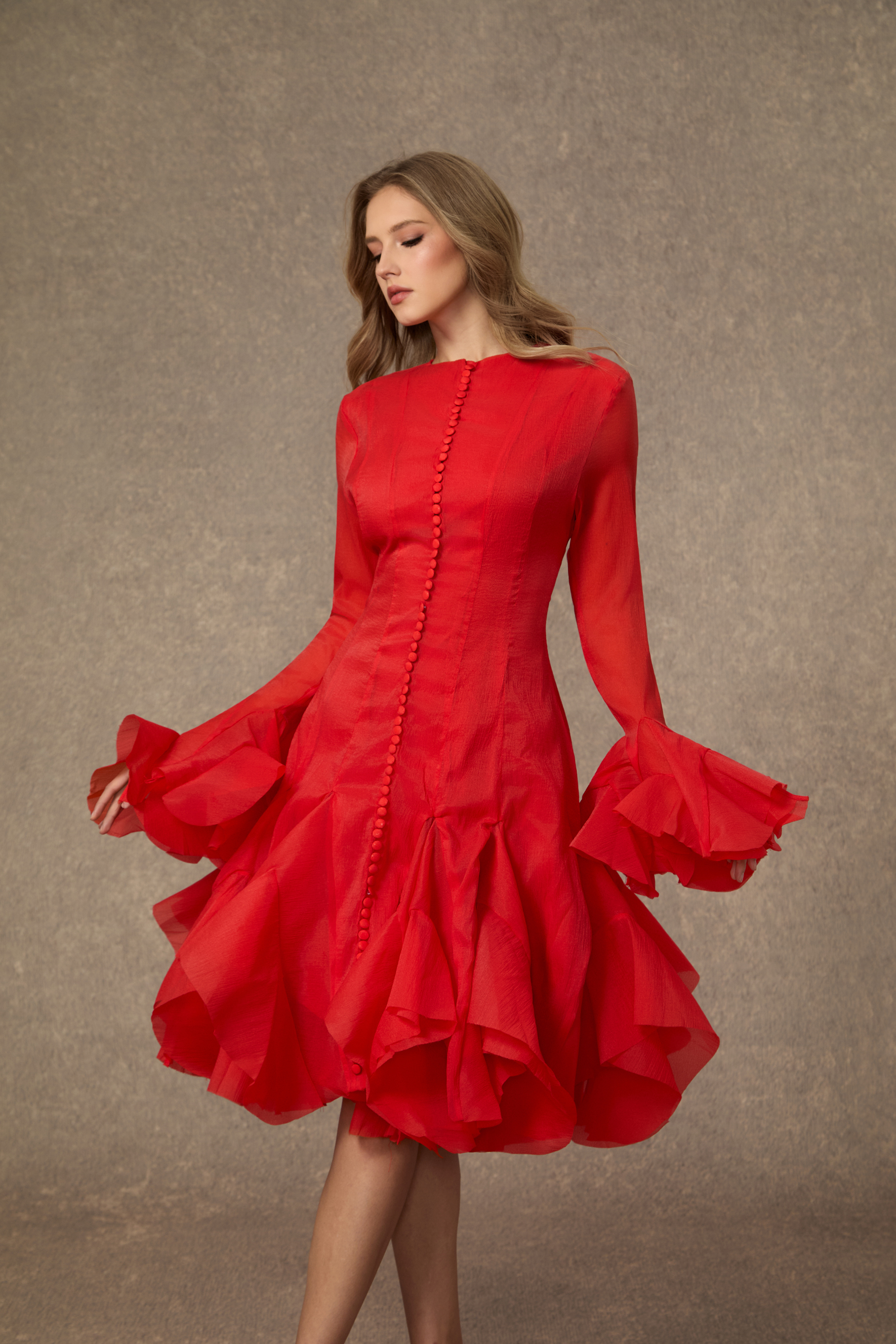 Little Fire Red Layered Ruffle Midi Dress