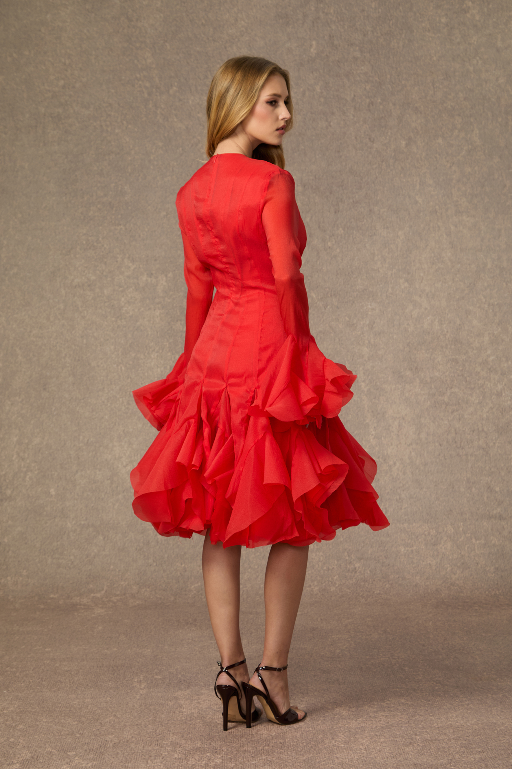 Little Fire Red Layered Ruffle Midi Dress