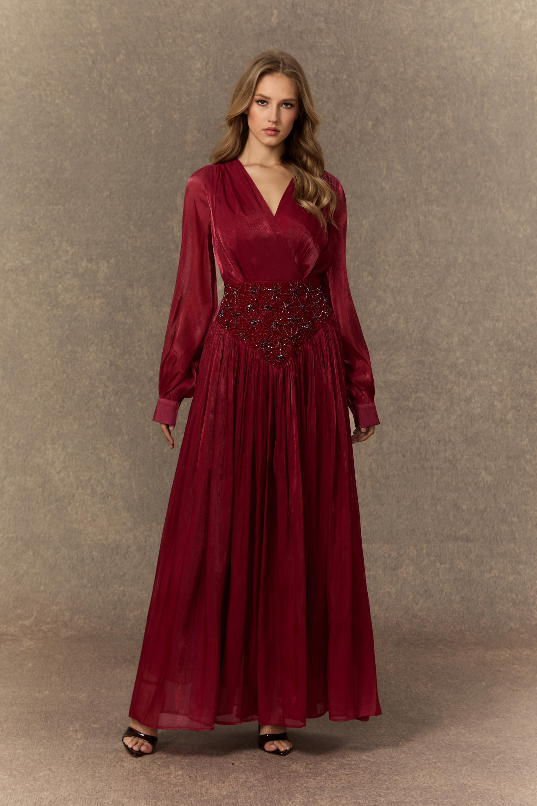 Romantic Celebration Burgundy V‑Neck Beaded Maxi Dress