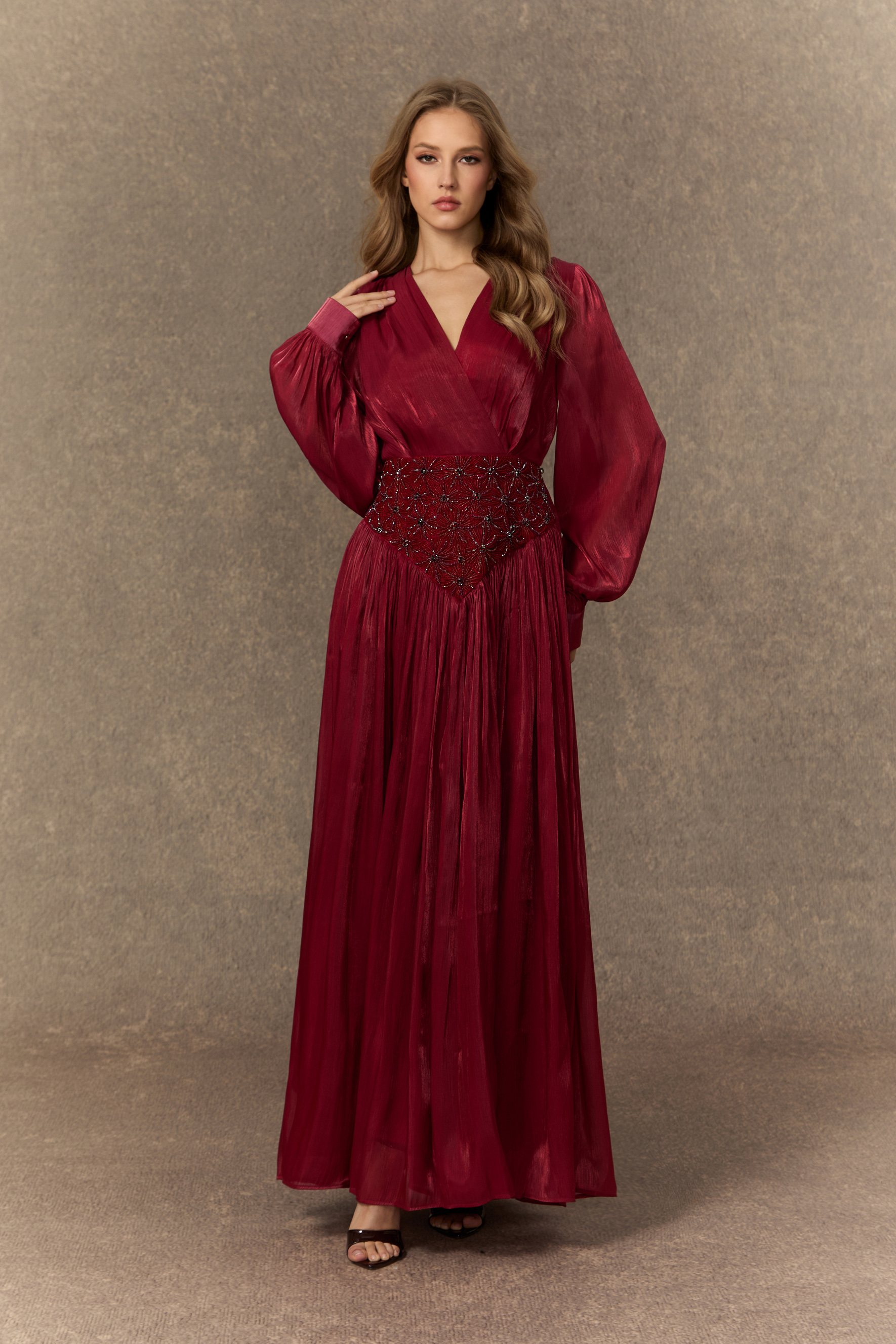 Romantic Celebration Burgundy V‑Neck Beaded Maxi Dress