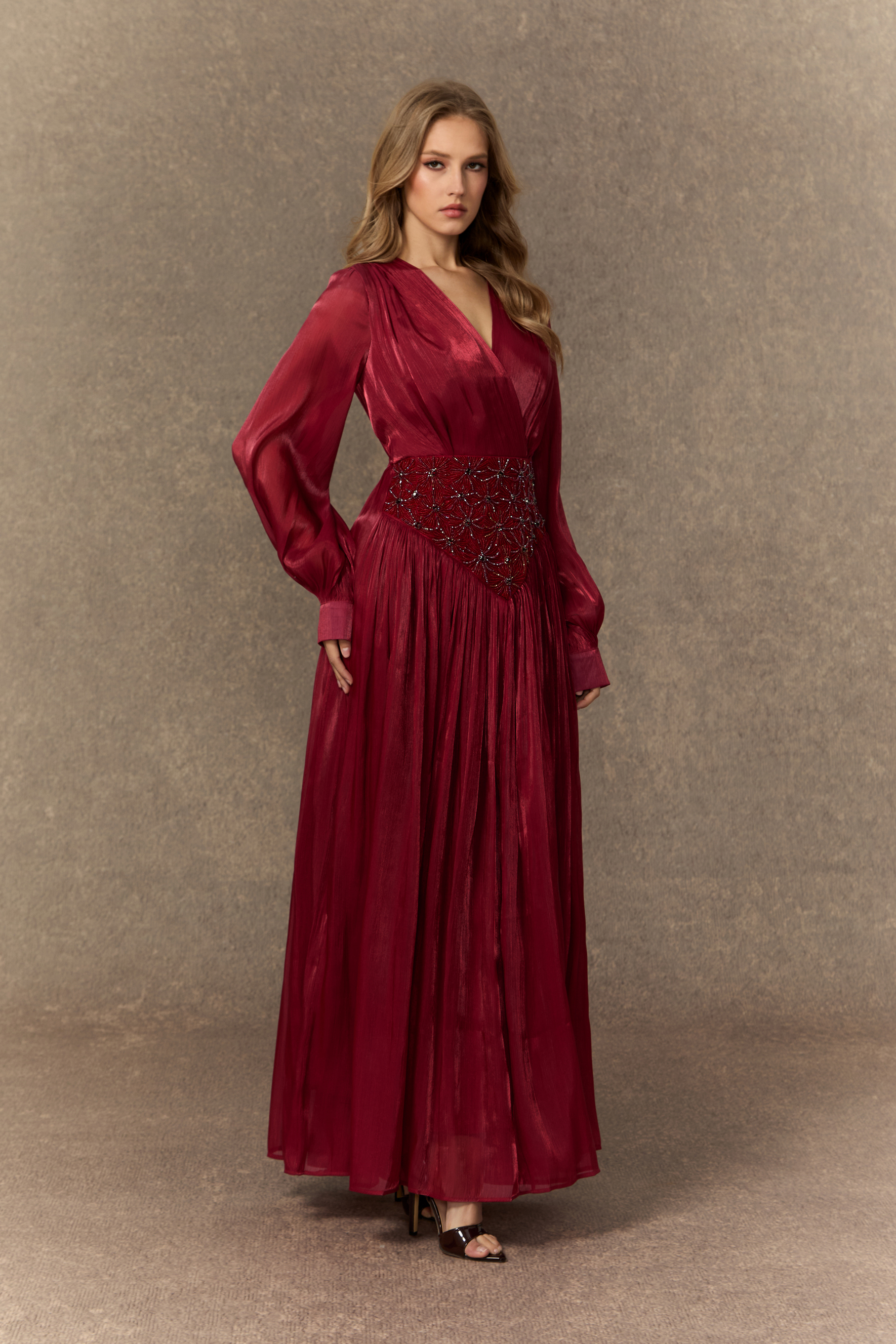 Romantic Celebration Burgundy V‑Neck Beaded Maxi Dress