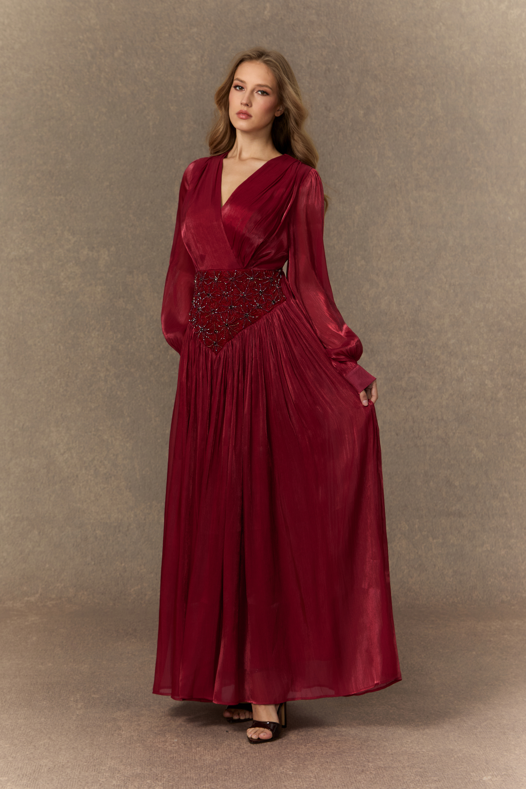 Romantic Celebration Burgundy V‑Neck Beaded Maxi Dress