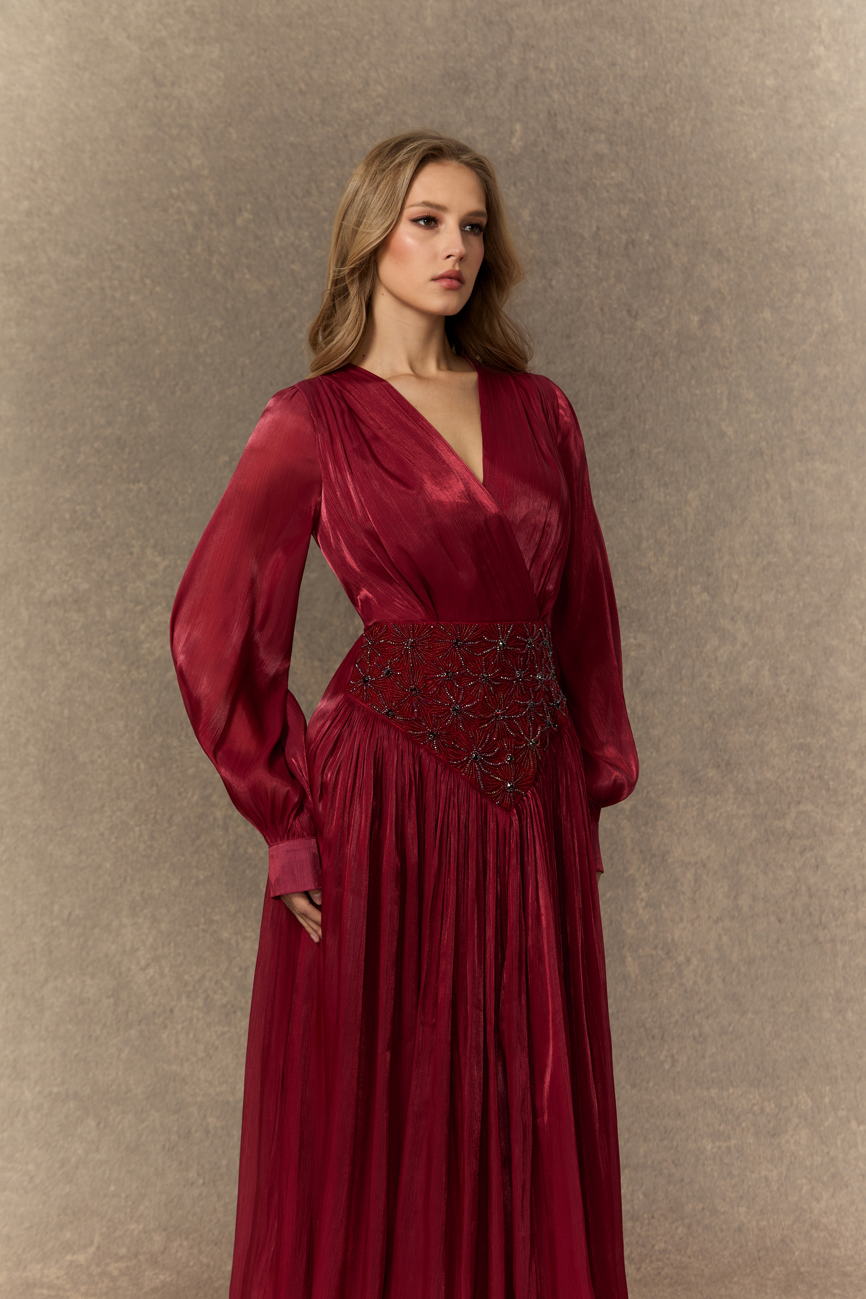 Romantic Celebration Burgundy V‑Neck Beaded Maxi Dress