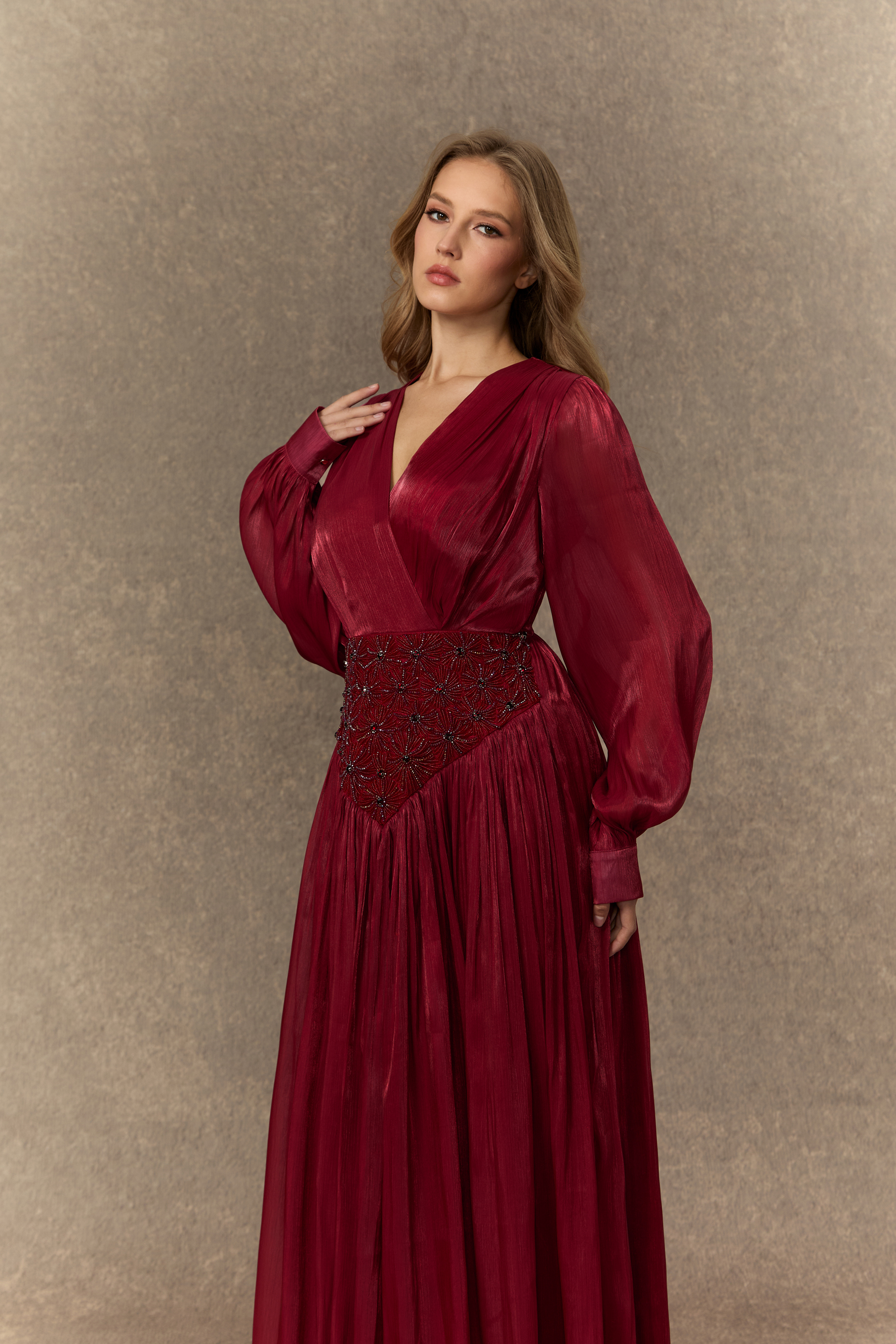 Romantic Celebration Burgundy V‑Neck Beaded Maxi Dress