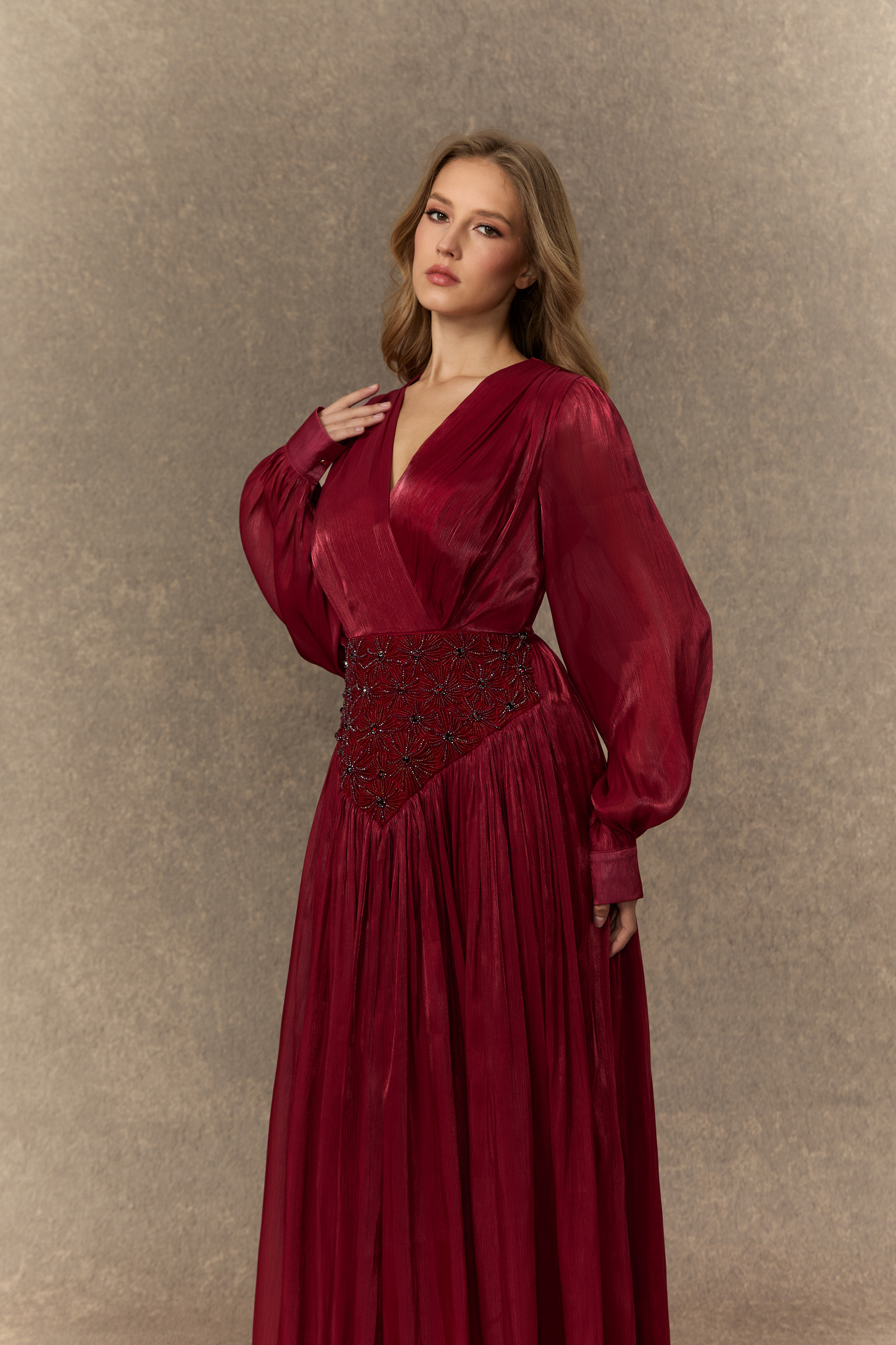 Romantic Celebration Burgundy V‑Neck Beaded Maxi Dress
