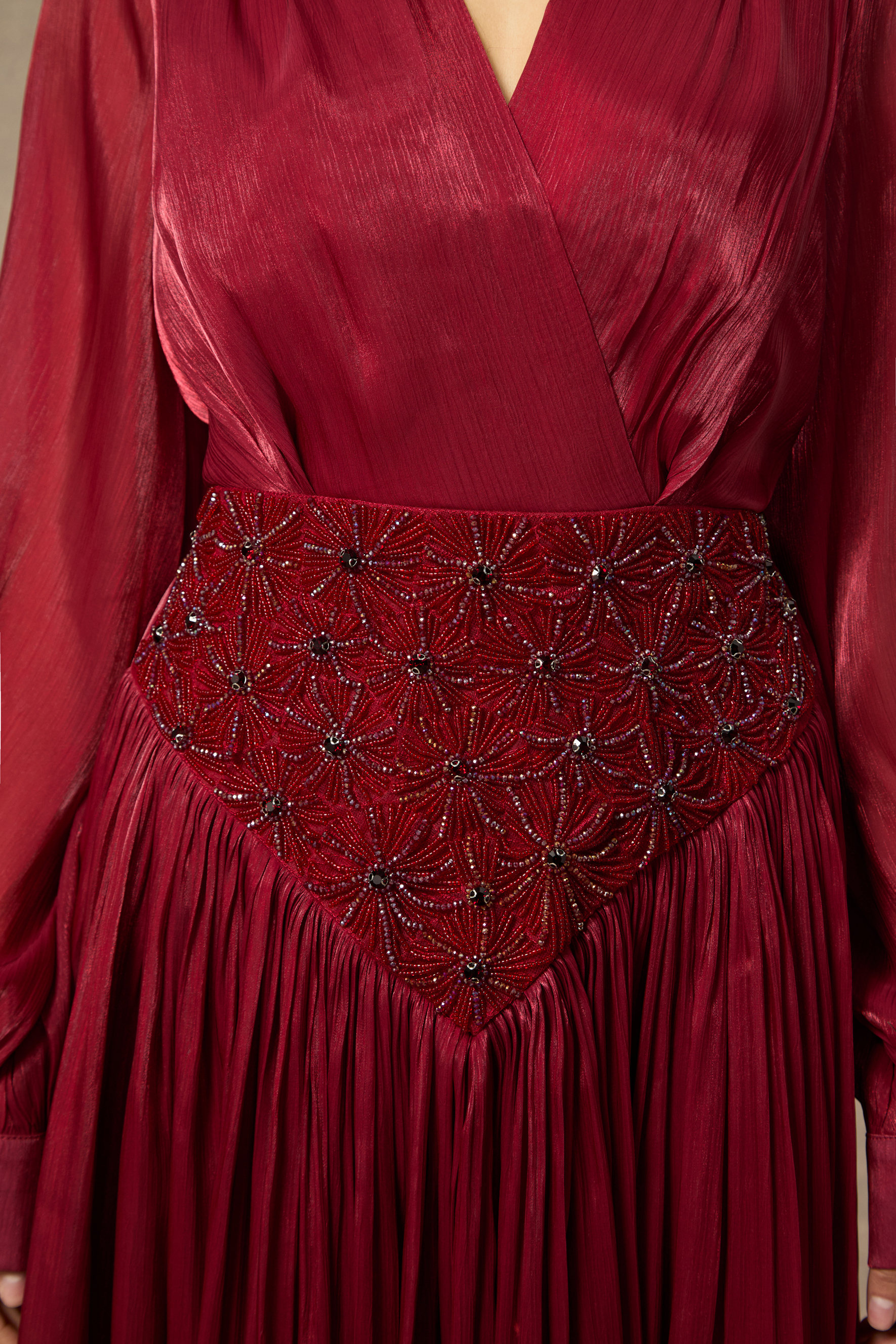 Romantic Celebration Burgundy V‑Neck Beaded Maxi Dress