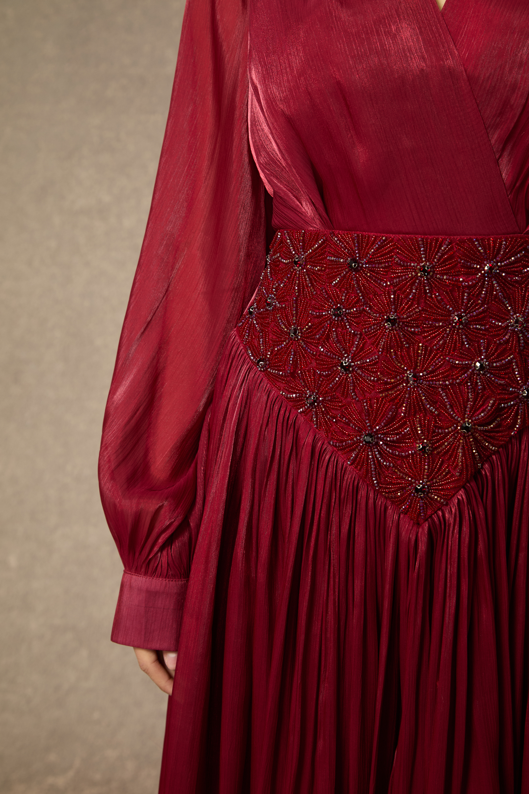 Romantic Celebration Burgundy V‑Neck Beaded Maxi Dress