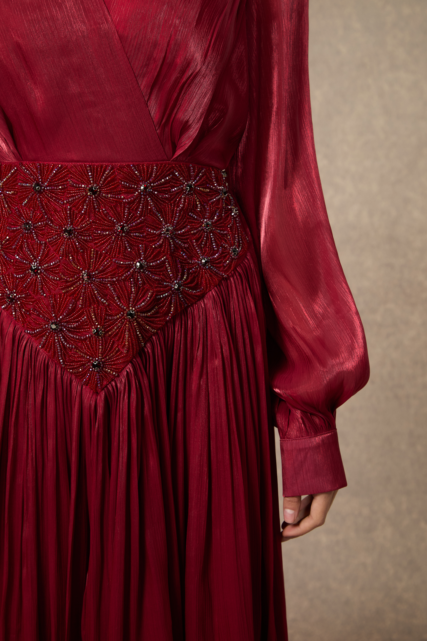 Romantic Celebration Burgundy V‑Neck Beaded Maxi Dress