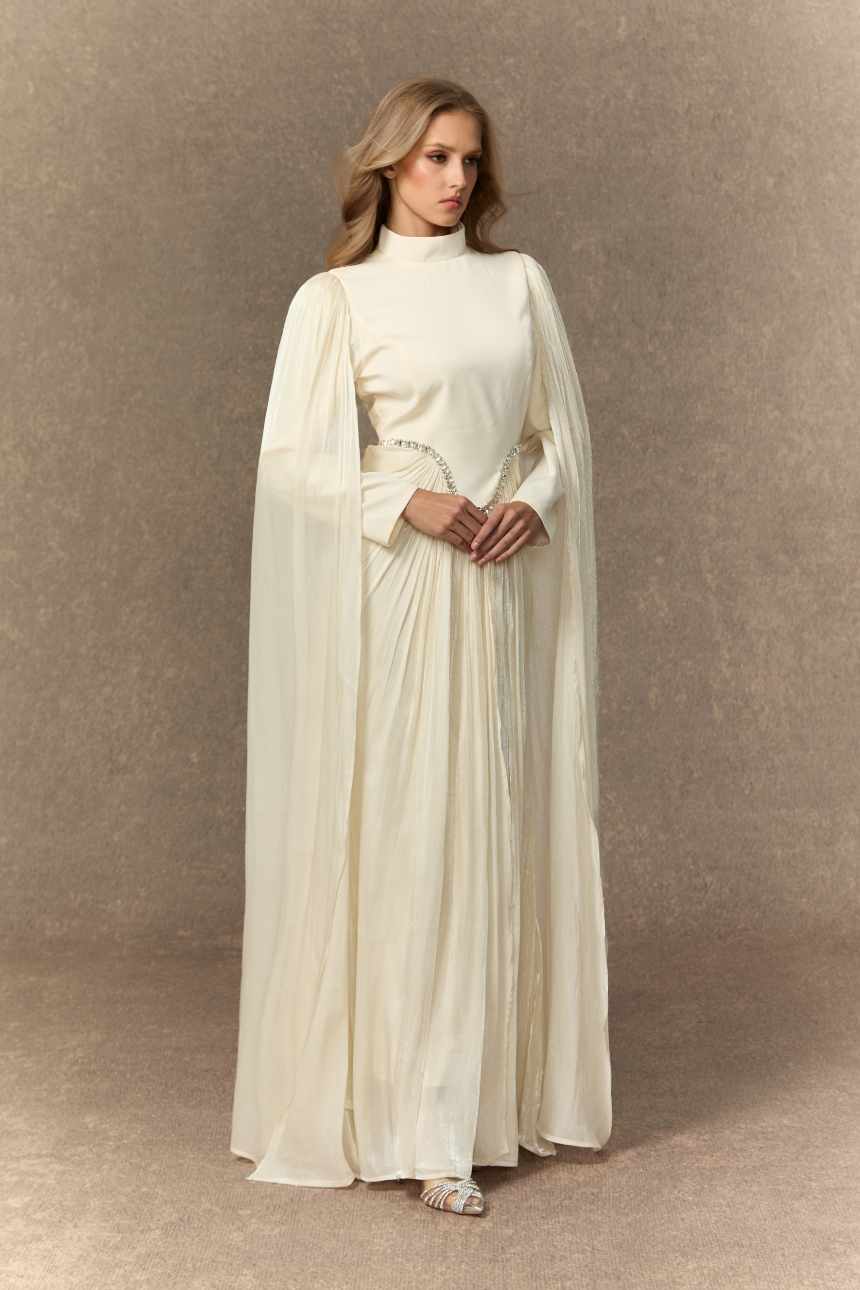Feeling Of Forever White Crystal Embellished Cape Sleeve Maxi Dress