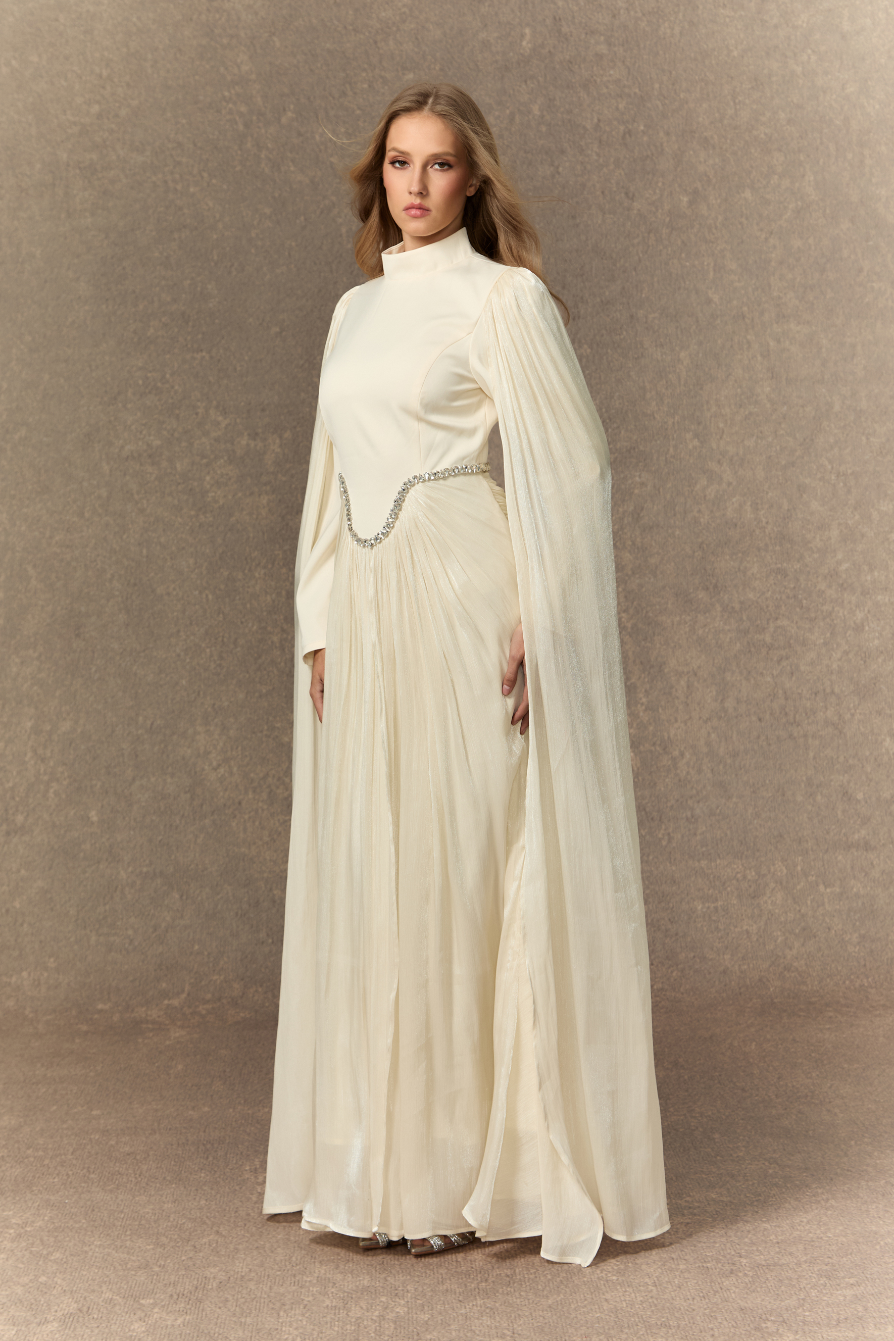 Feeling Of Forever White Crystal Embellished Cape Sleeve Maxi Dress