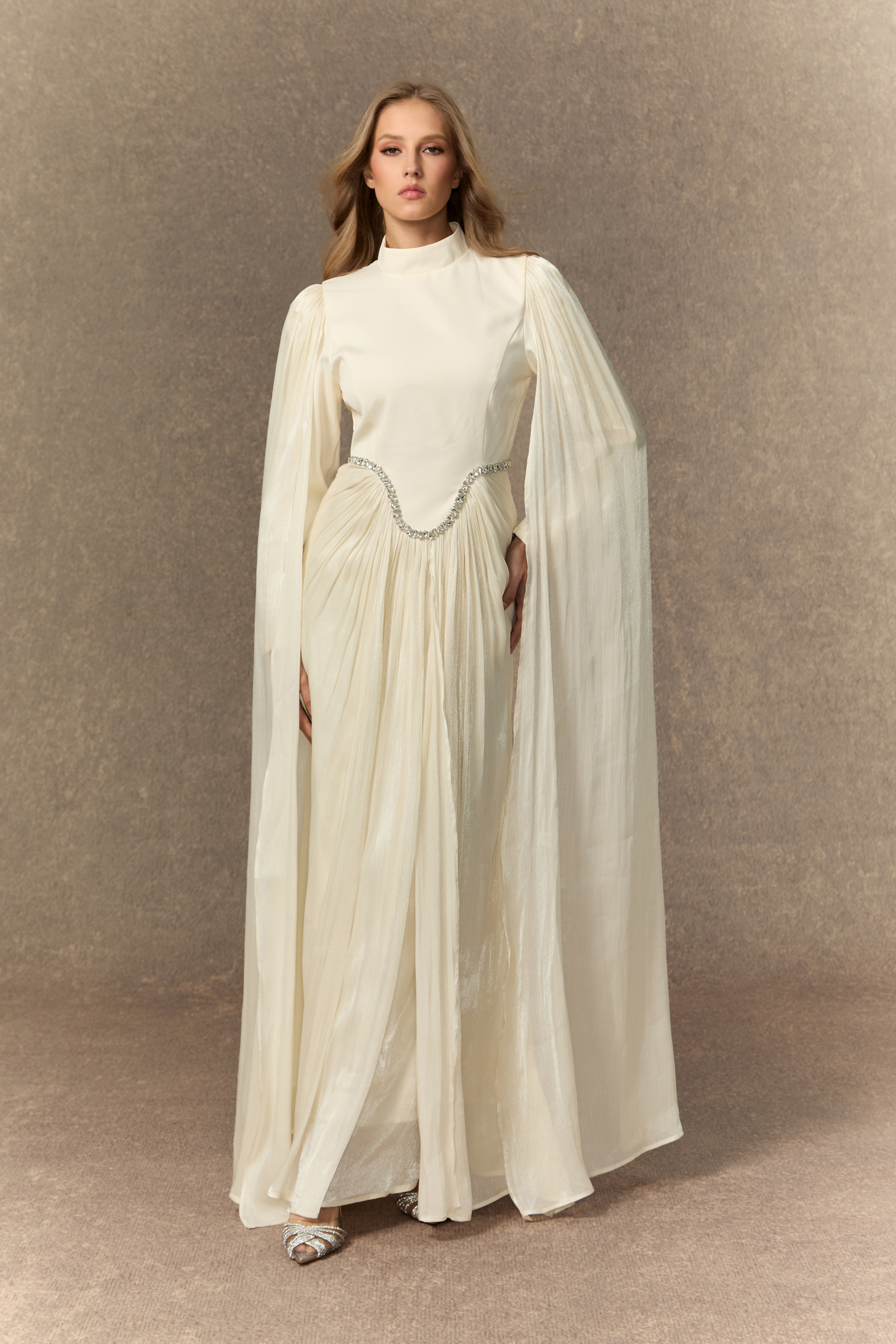 Feeling Of Forever White Crystal Embellished Cape Sleeve Maxi Dress