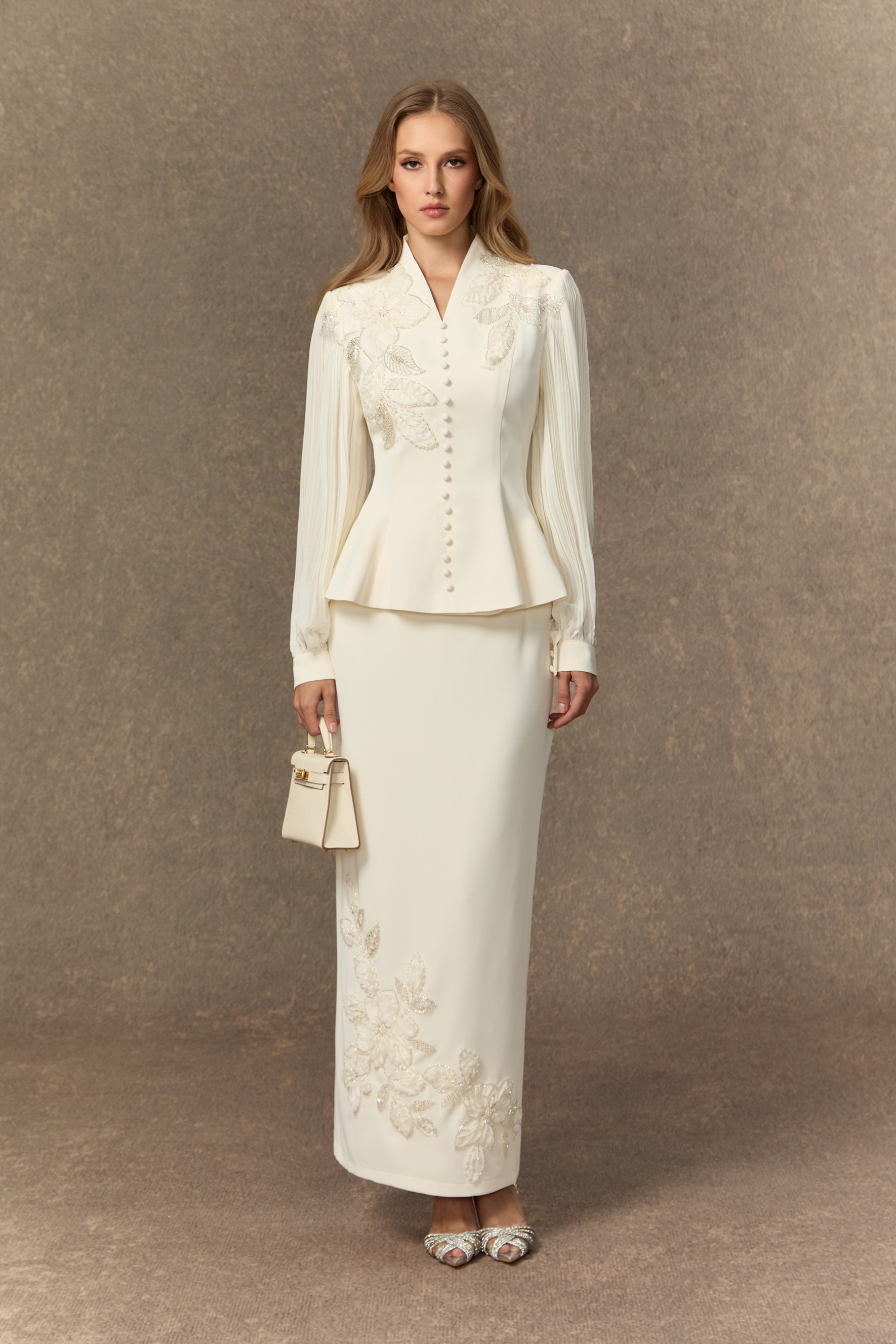 Dressed To Dazzle White Floral Embroidery Pleated Sleeve Skirt Set