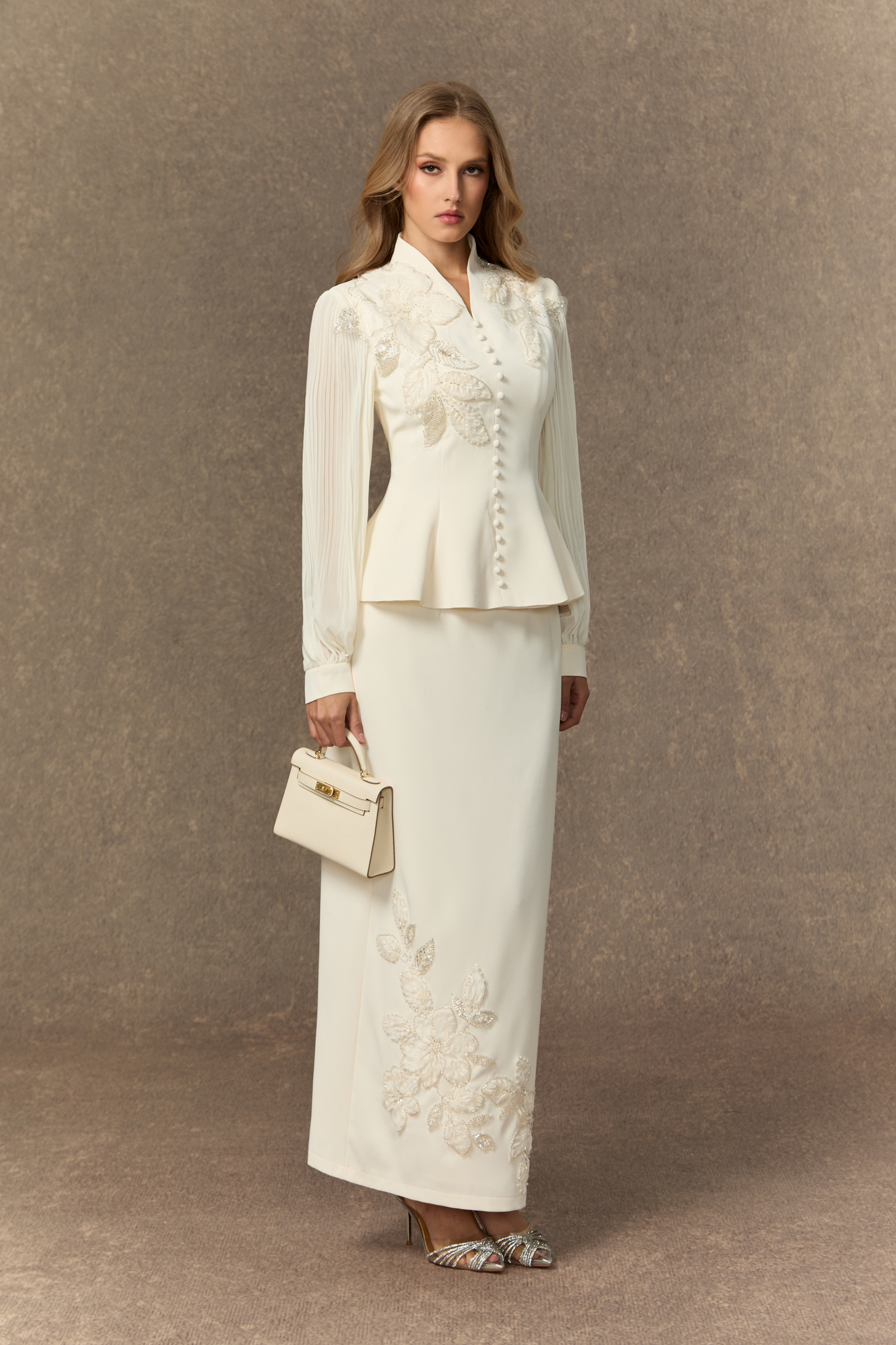 Dressed To Dazzle White Floral Embroidery Pleated Sleeve Skirt Set