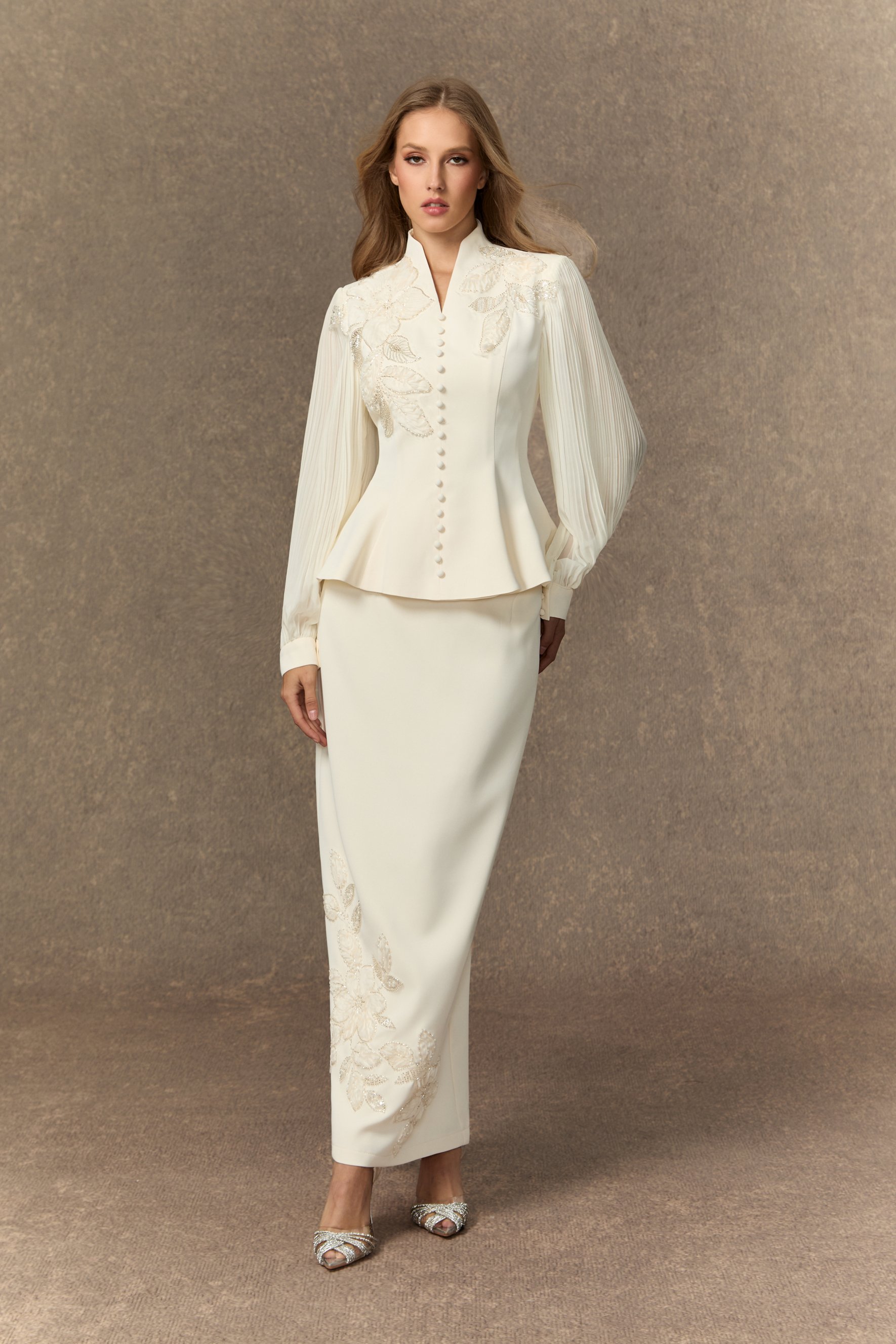 Dressed To Dazzle White Floral Embroidery Pleated Sleeve Skirt Set