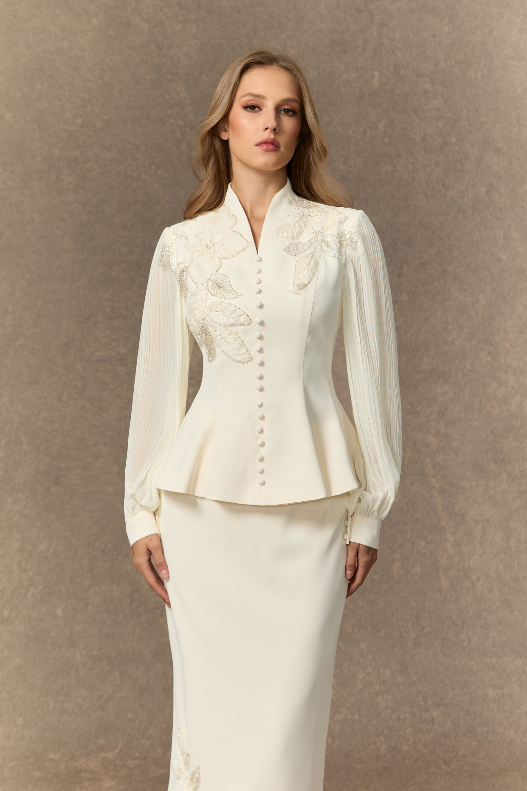 Dressed To Dazzle White Floral Embroidery Pleated Sleeve Skirt Set