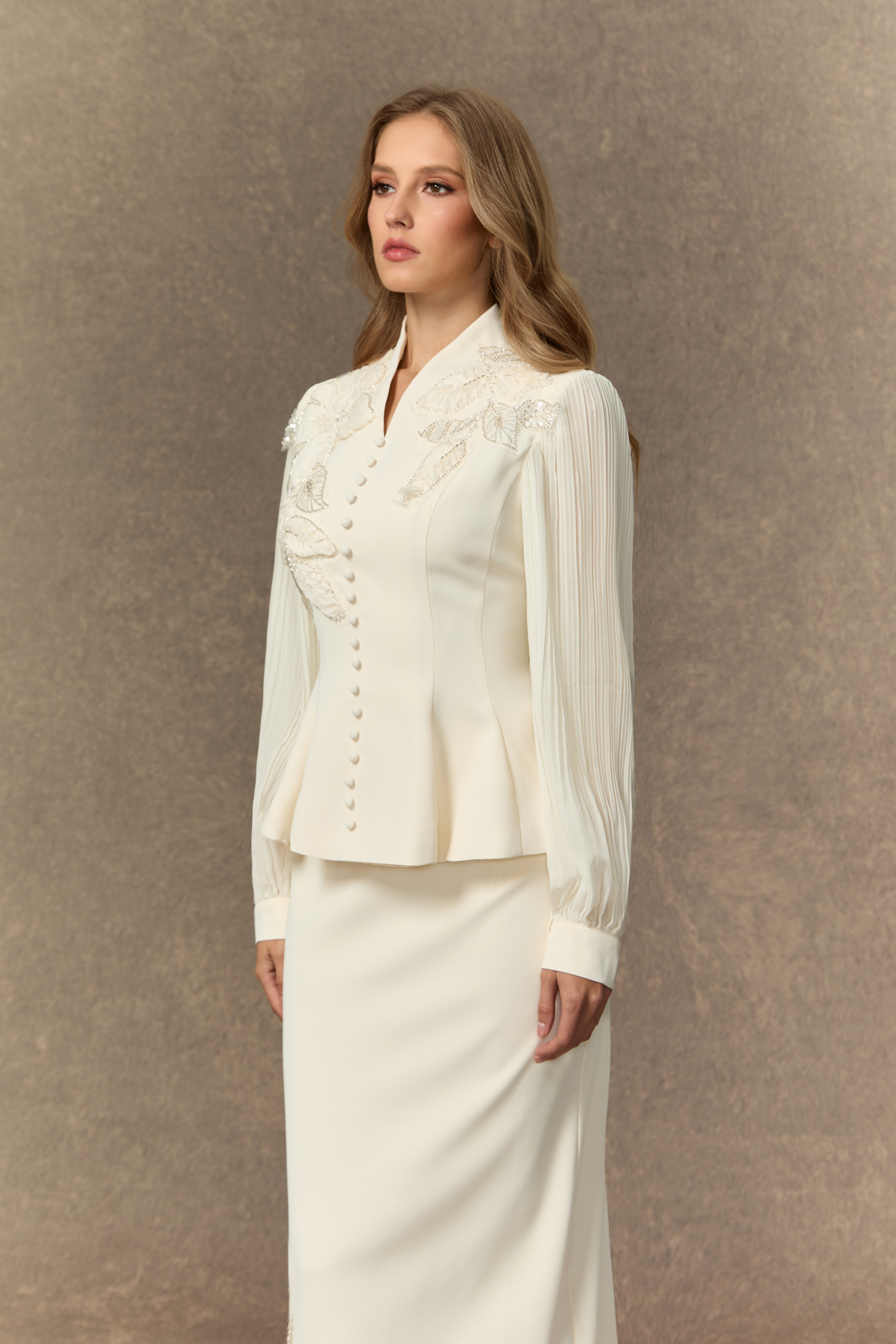 Dressed To Dazzle White Floral Embroidery Pleated Sleeve Skirt Set