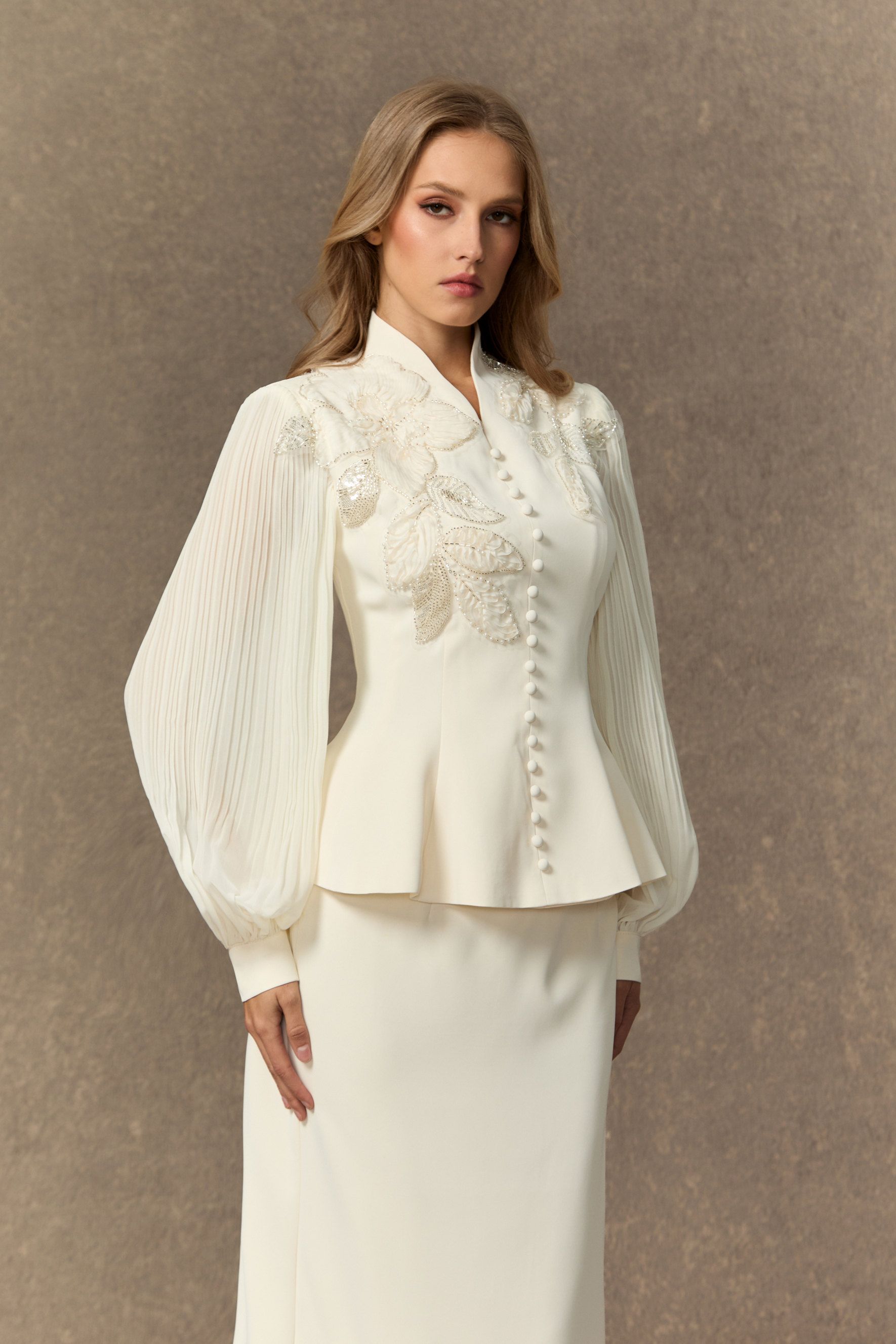 Dressed To Dazzle White Floral Embroidery Pleated Sleeve Skirt Set