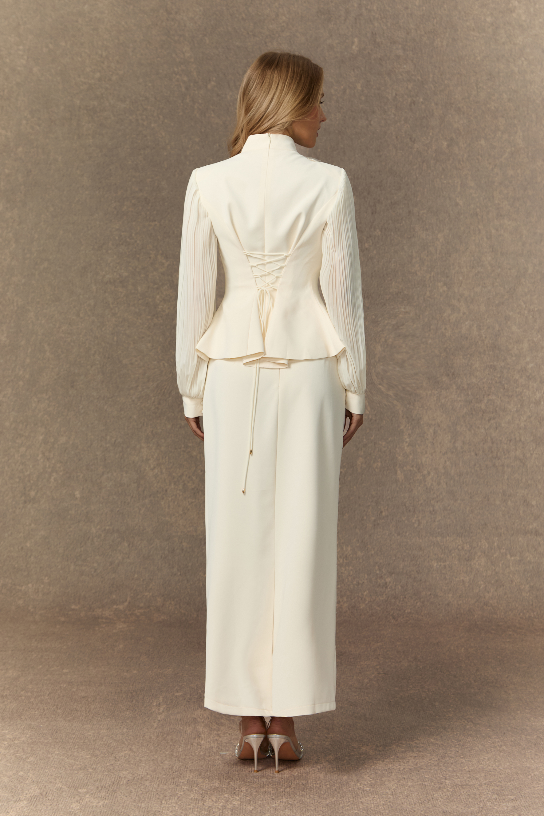 Dressed To Dazzle White Floral Embroidery Pleated Sleeve Skirt Set