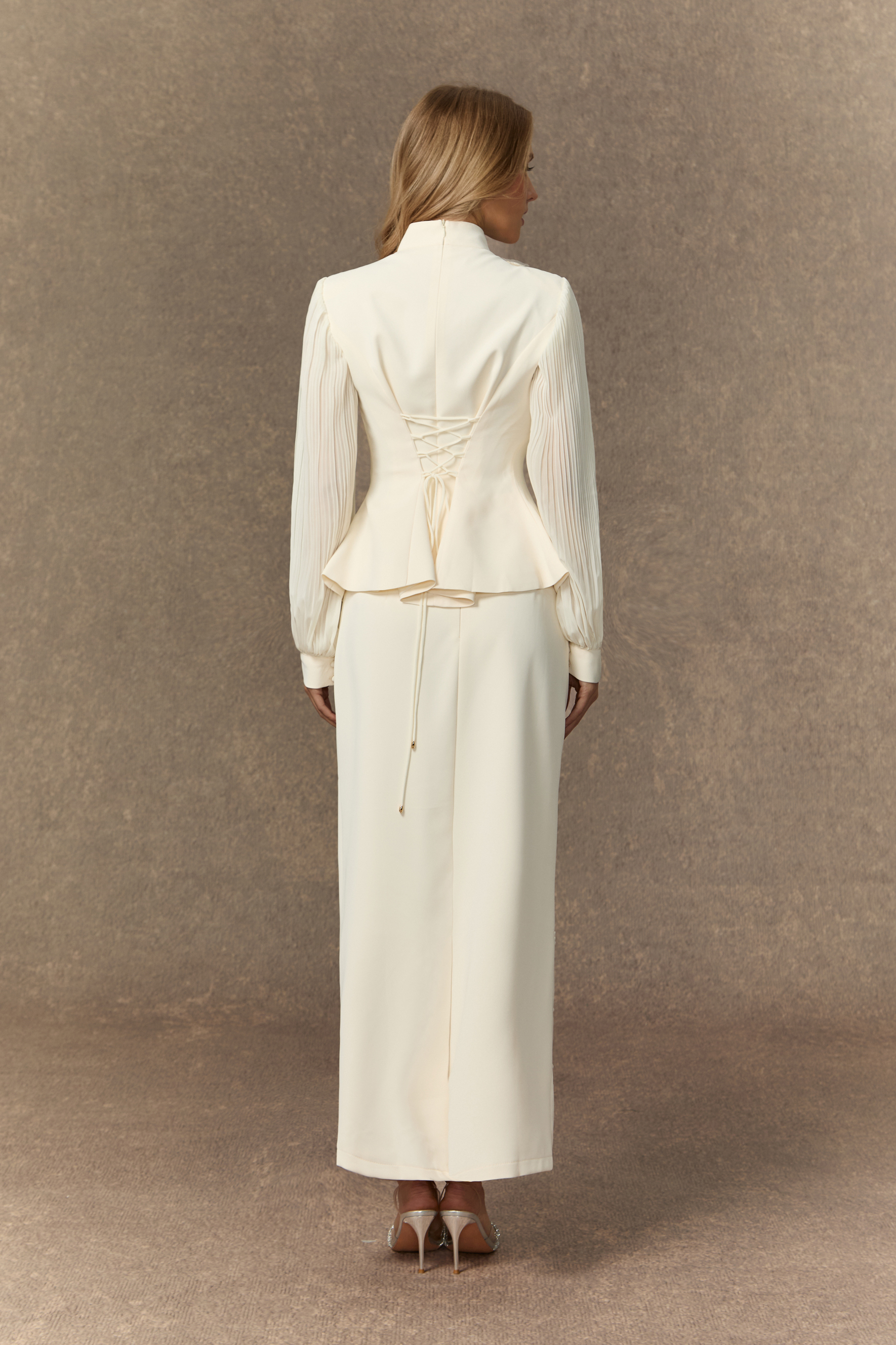 Dressed To Dazzle White Floral Embroidery Pleated Sleeve Skirt Set