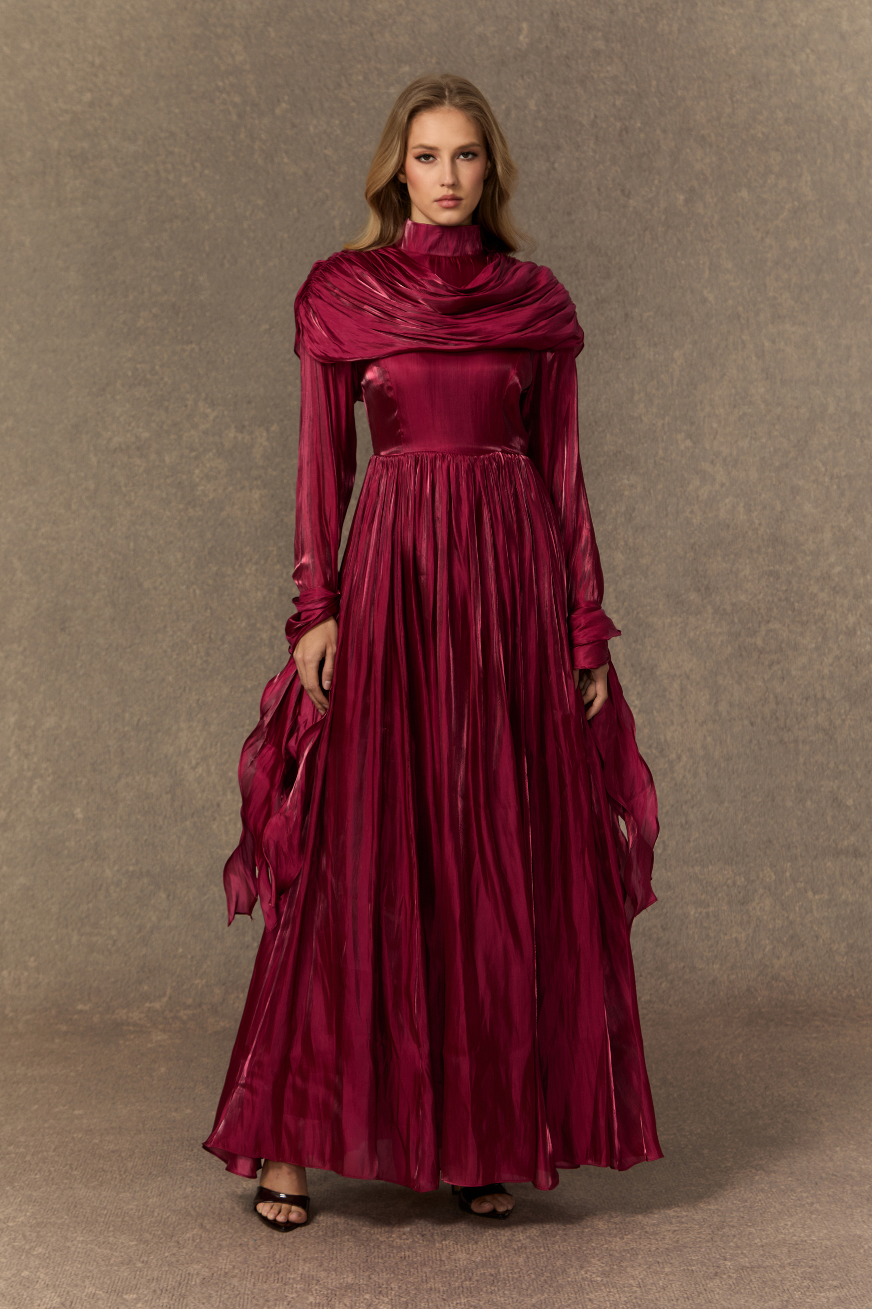 Starlit Elegance Burgundy Ruffled Cuff Pleated Maxi Dress
