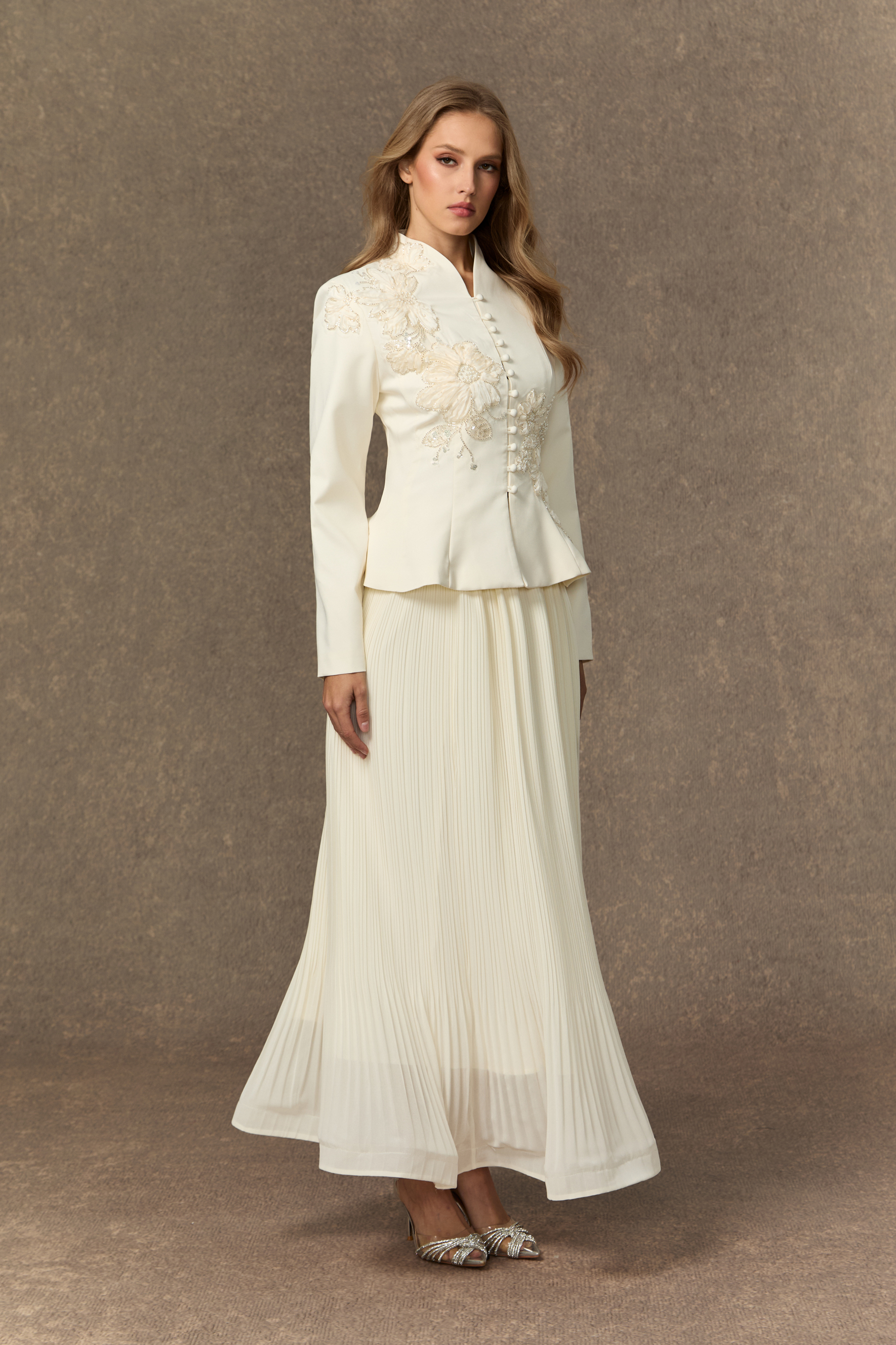 Graceful Arrival Black Lace Embroidered Jacket & Pleated Skirt Set