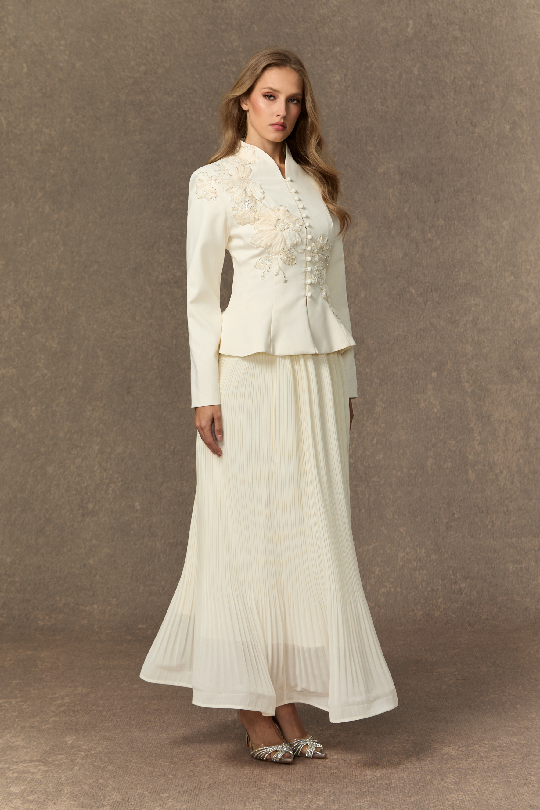 Graceful Arrival Black Lace Embroidered Jacket & Pleated Skirt Set