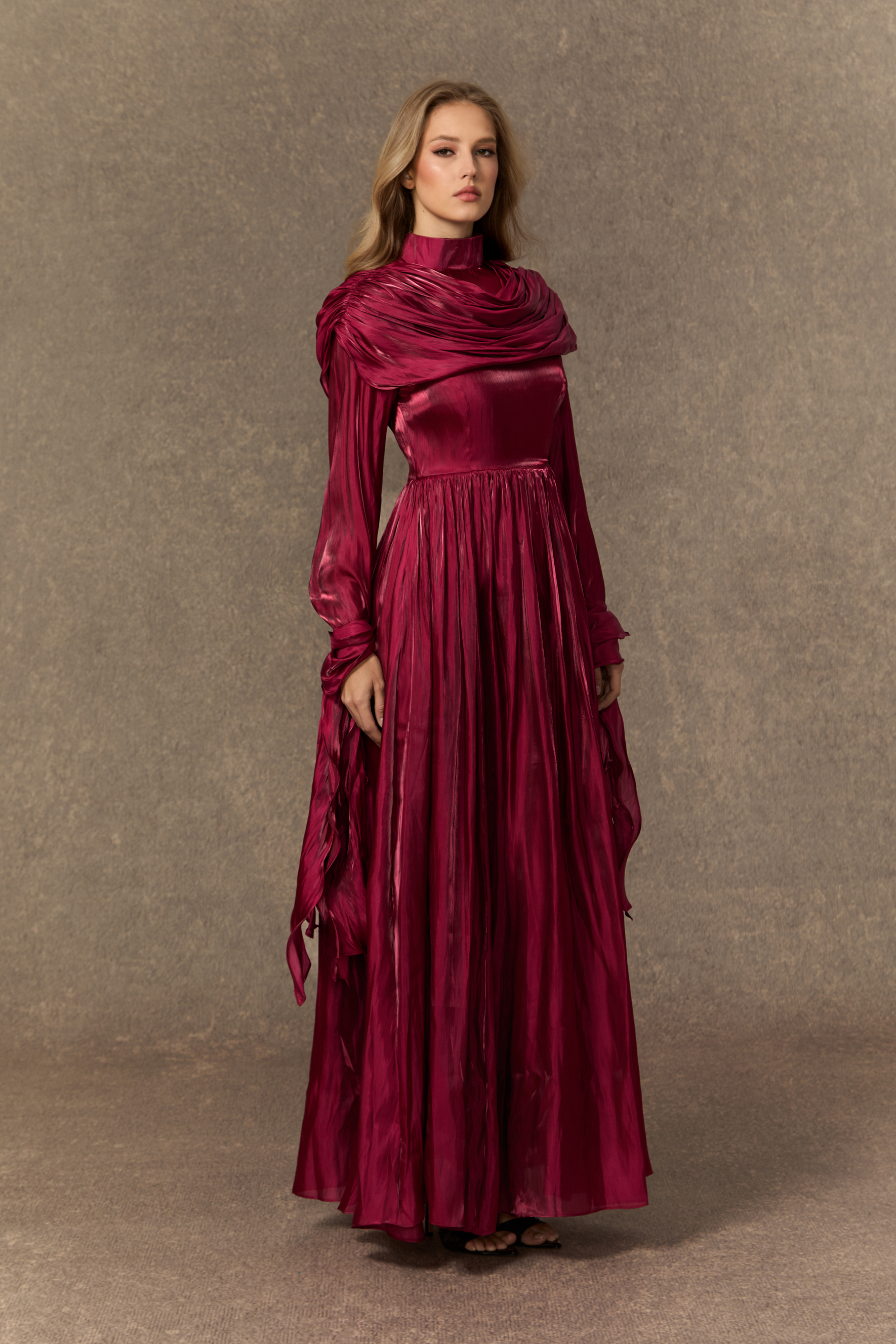 Starlit Elegance Burgundy Ruffled Cuff Pleated Maxi Dress