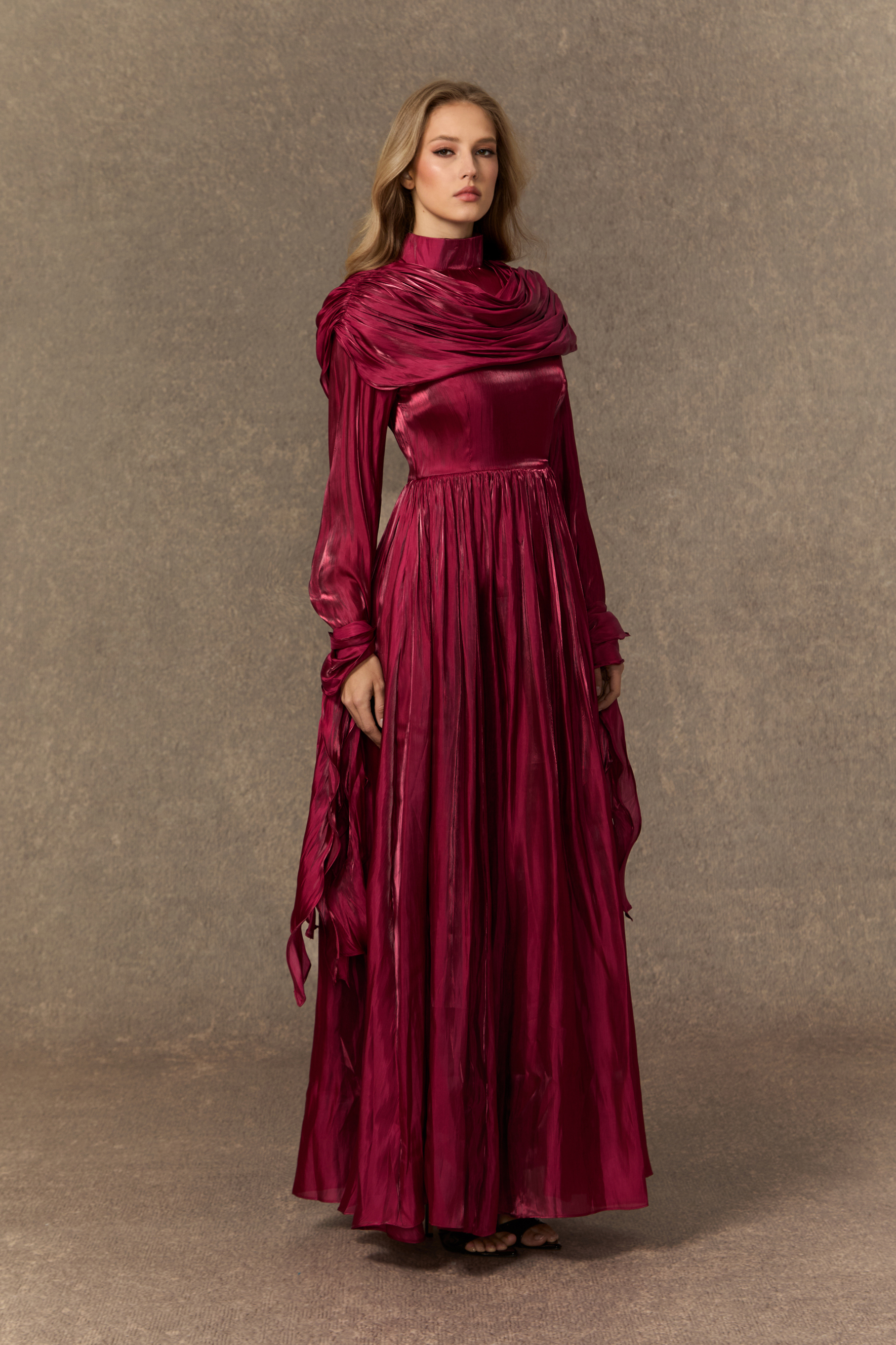 Starlit Elegance Burgundy Ruffled Cuff Pleated Maxi Dress