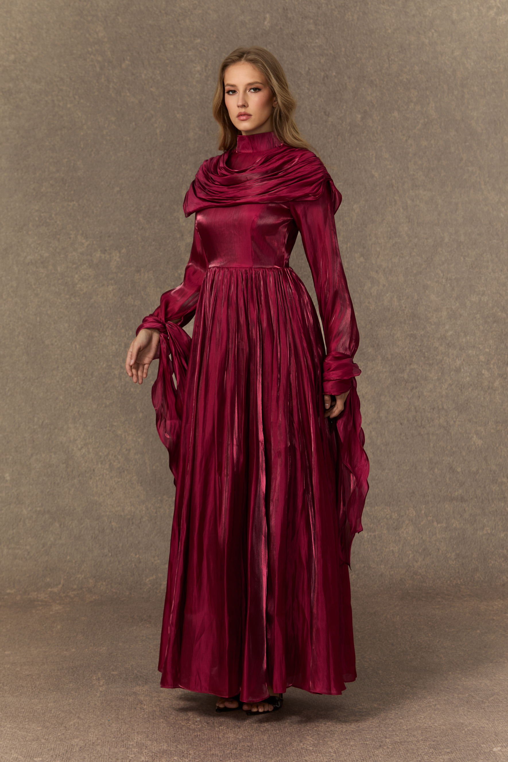 Starlit Elegance Burgundy Ruffled Cuff Pleated Maxi Dress