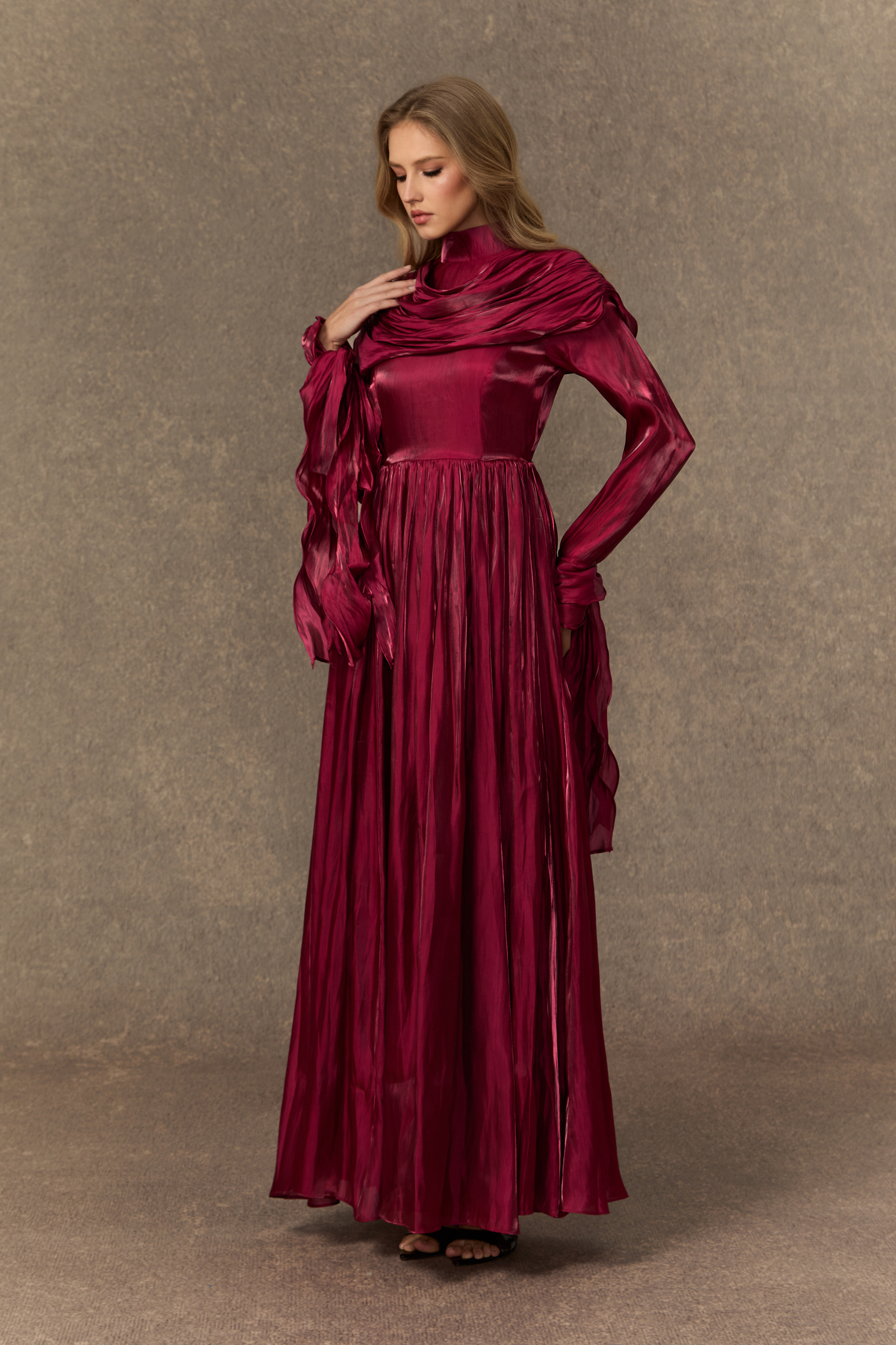 Starlit Elegance Burgundy Ruffled Cuff Pleated Maxi Dress