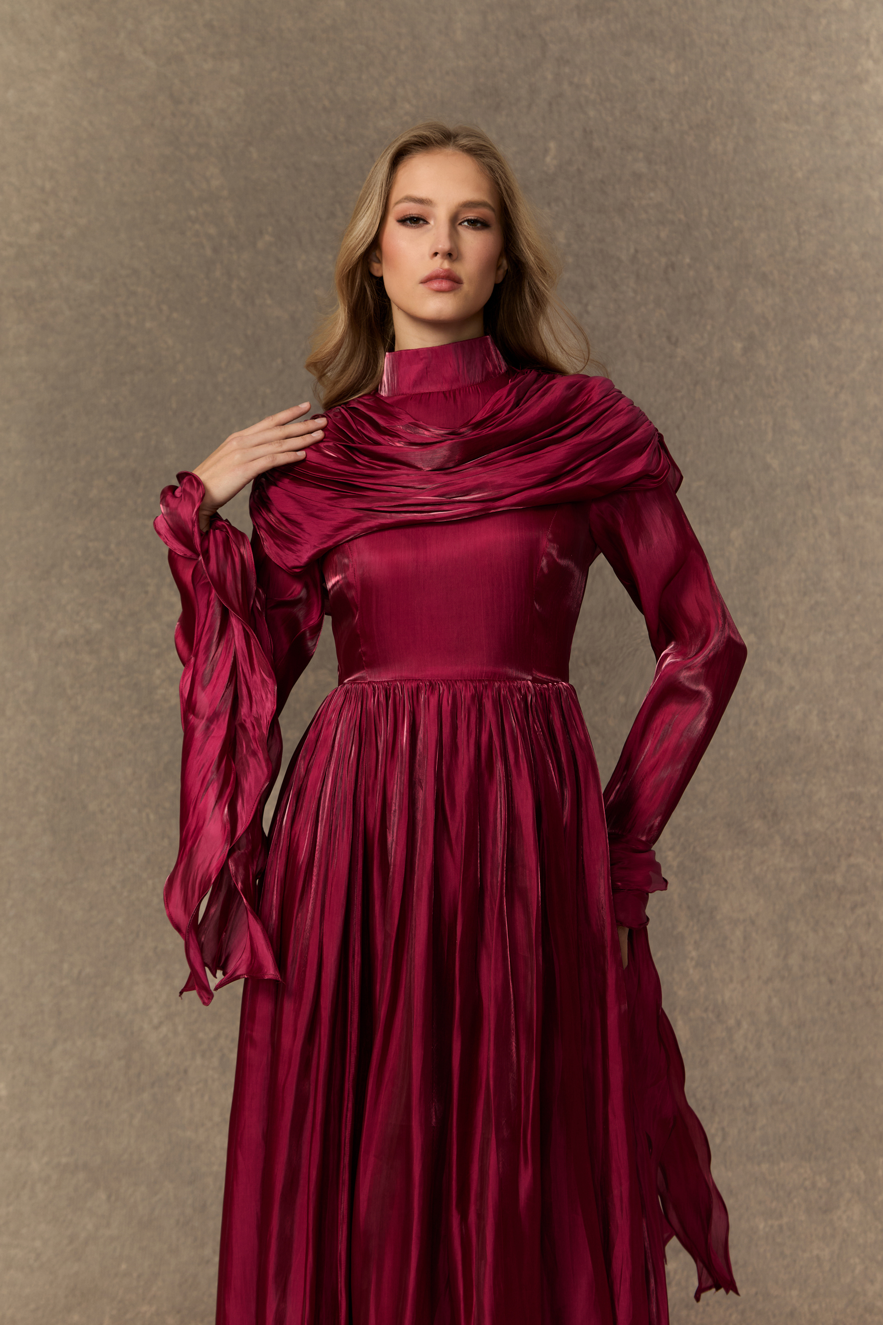 Starlit Elegance Burgundy Ruffled Cuff Pleated Maxi Dress