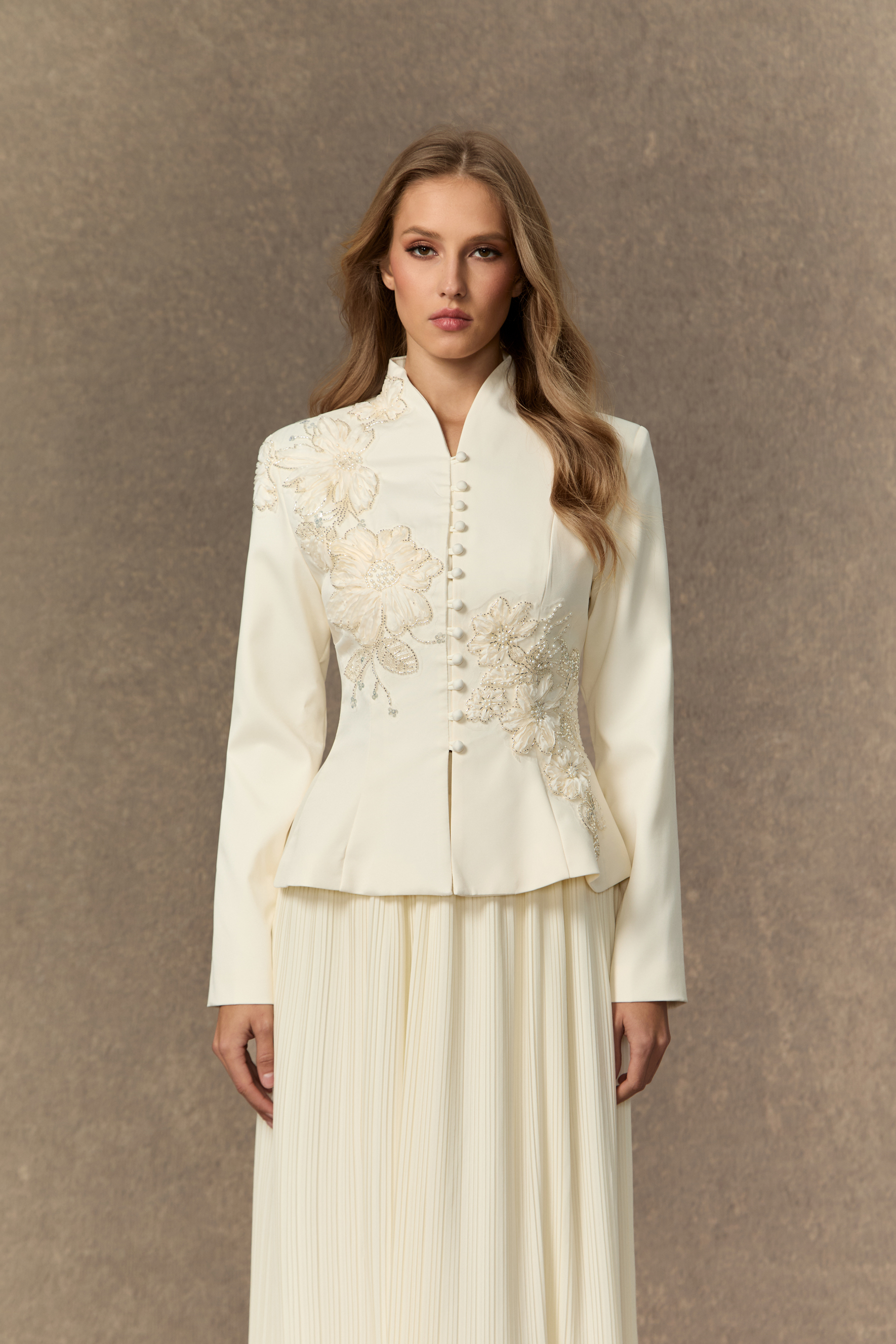 Graceful Arrival Black Lace Embroidered Jacket & Pleated Skirt Set