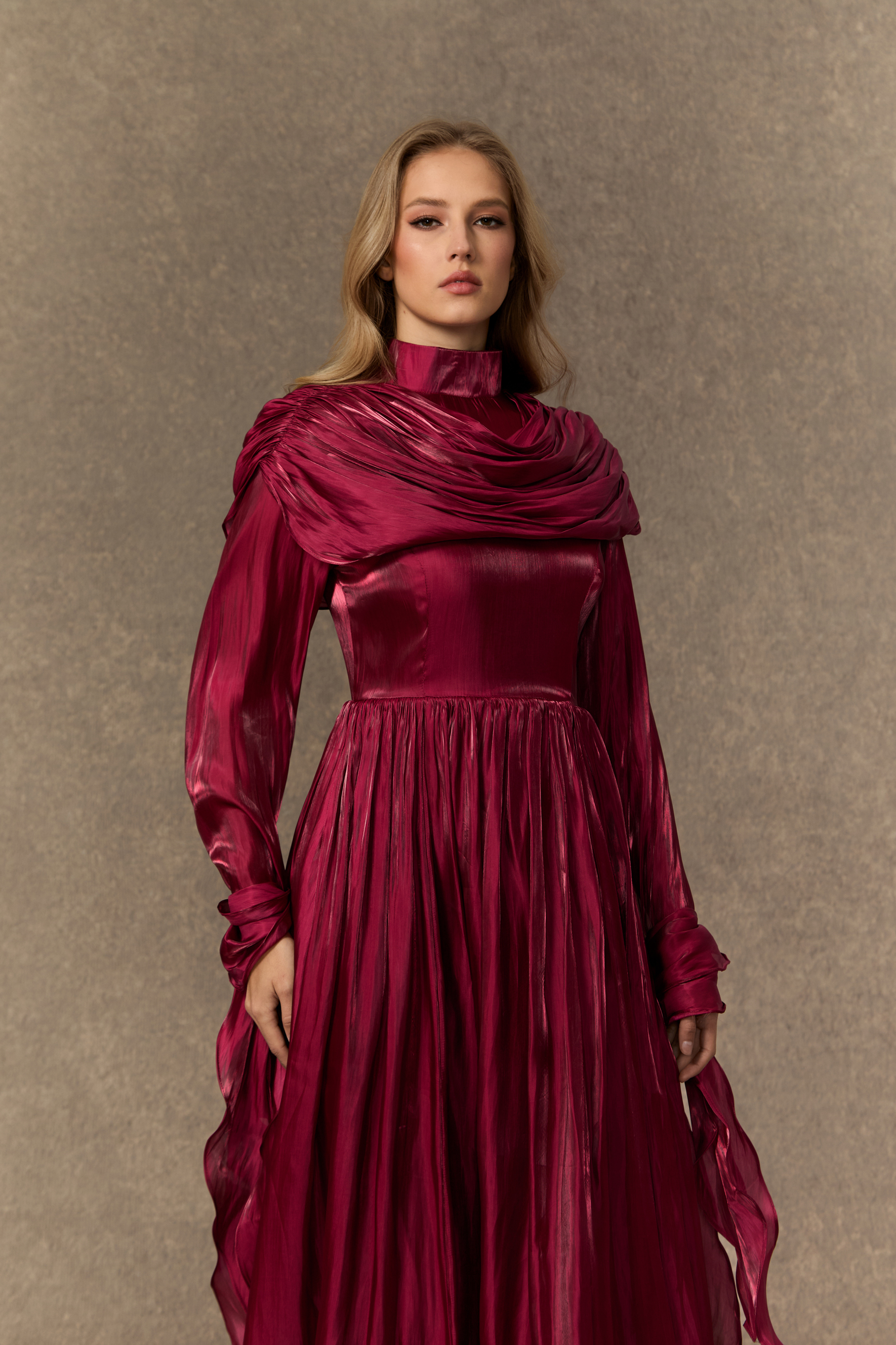 Starlit Elegance Burgundy Ruffled Cuff Pleated Maxi Dress