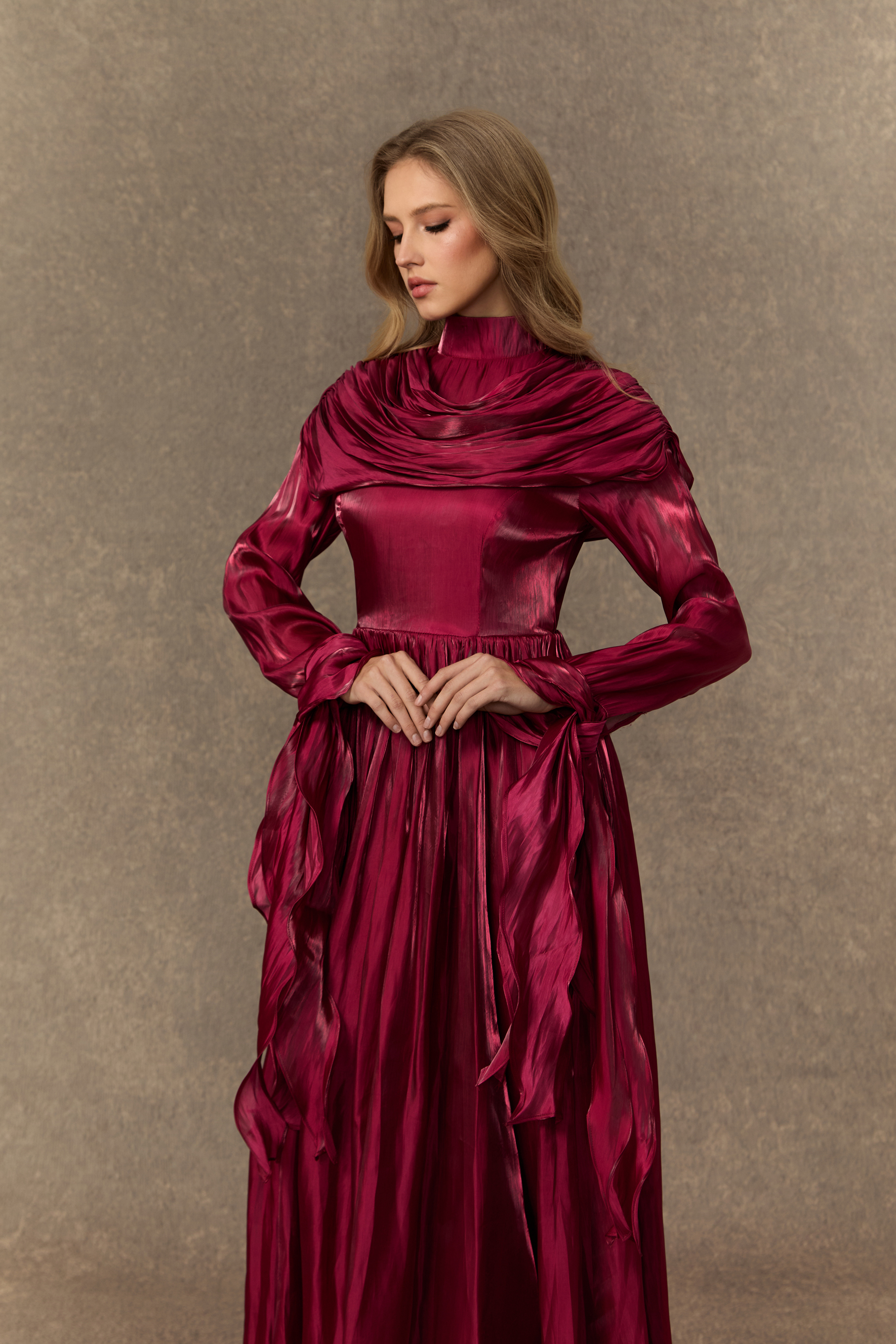 Starlit Elegance Burgundy Ruffled Cuff Pleated Maxi Dress