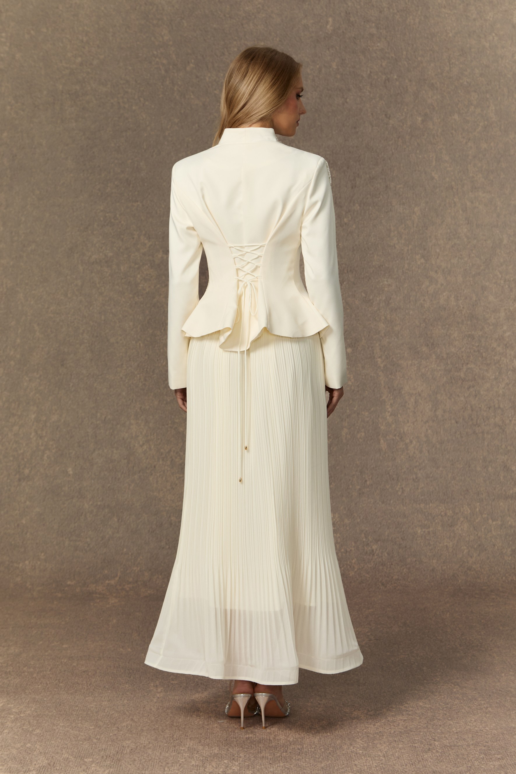 Graceful Arrival Black Lace Embroidered Jacket & Pleated Skirt Set