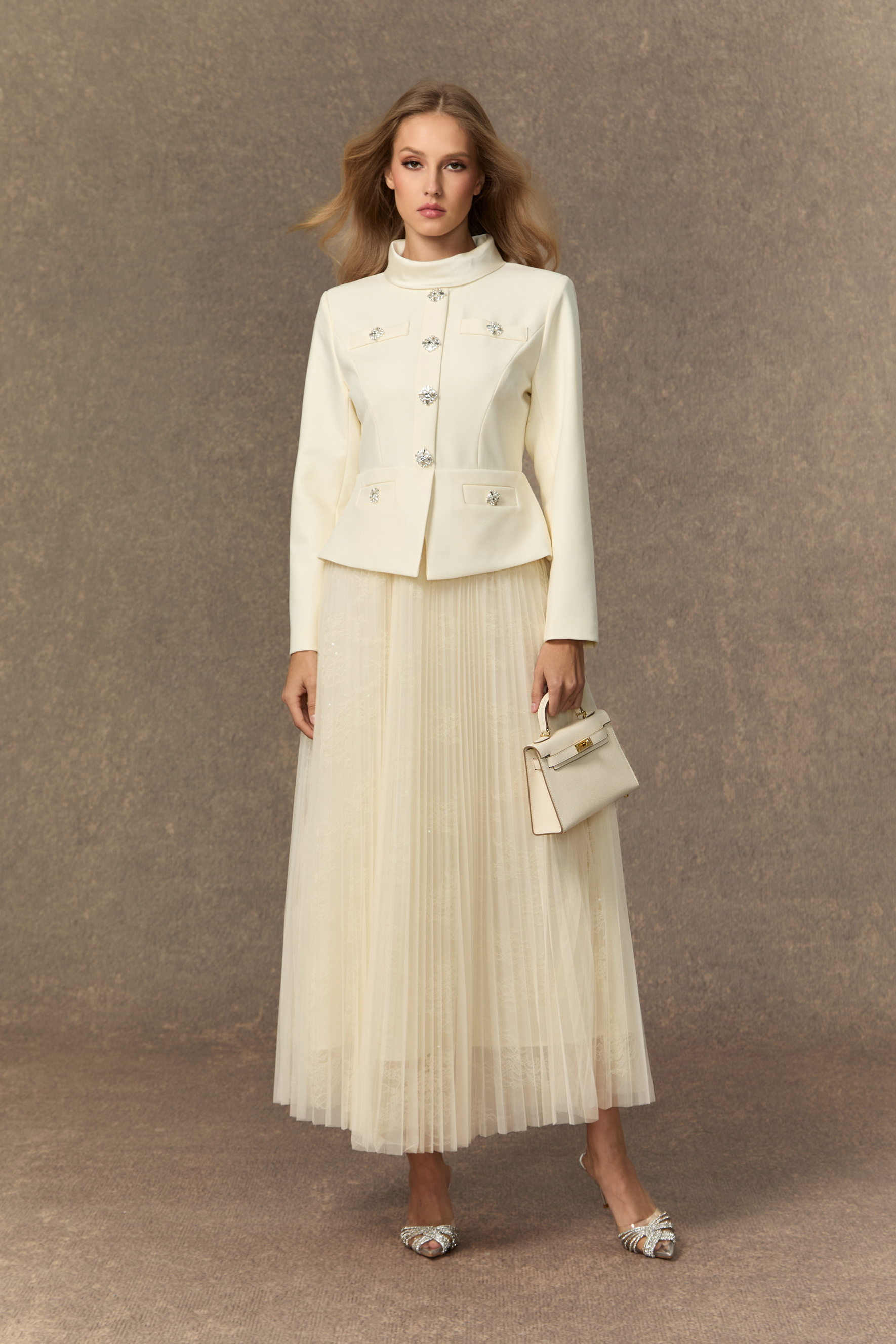 Daydream Darling White Rhinestone Embellished Jacket & Pleated Skirt Set