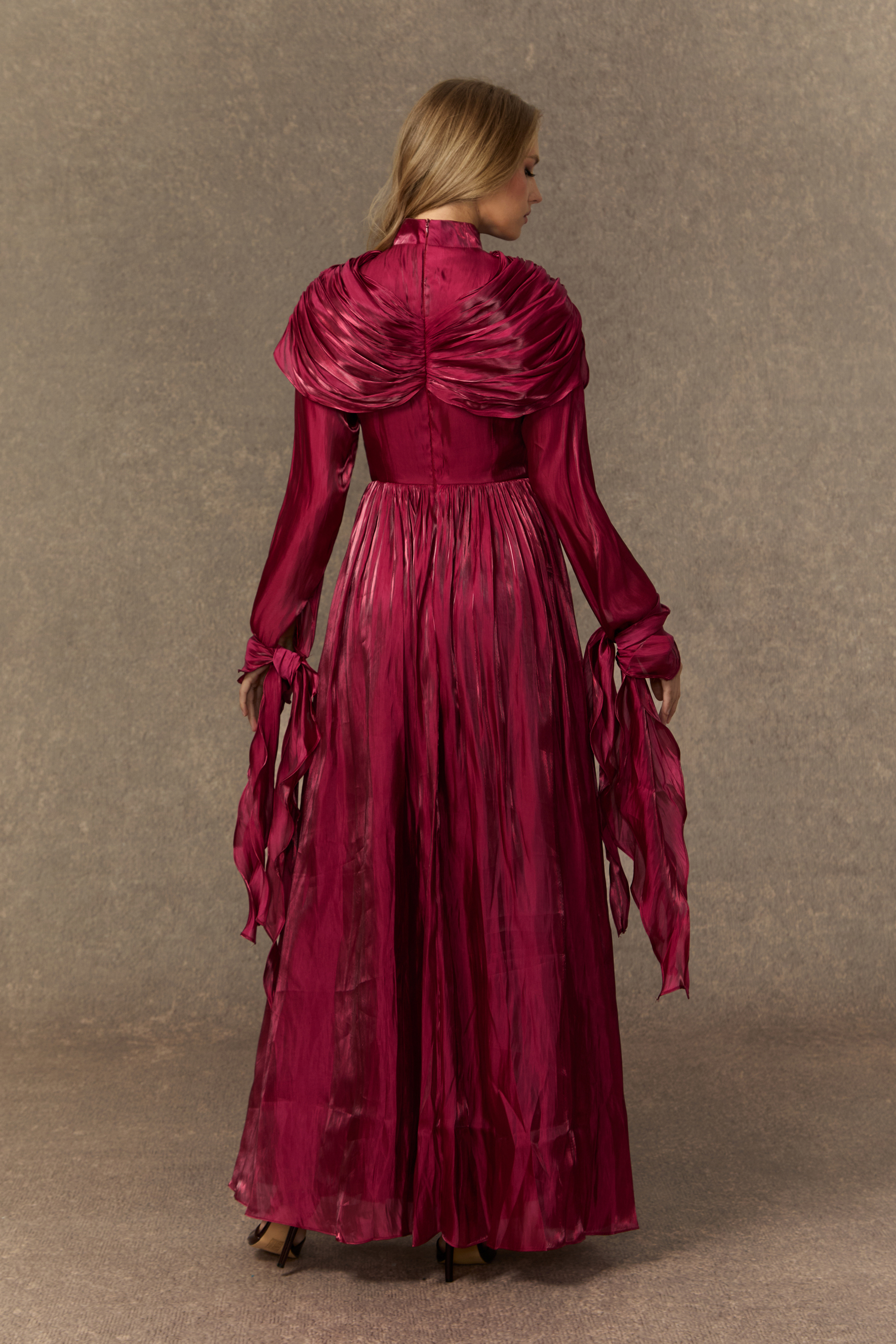 Starlit Elegance Burgundy Ruffled Cuff Pleated Maxi Dress