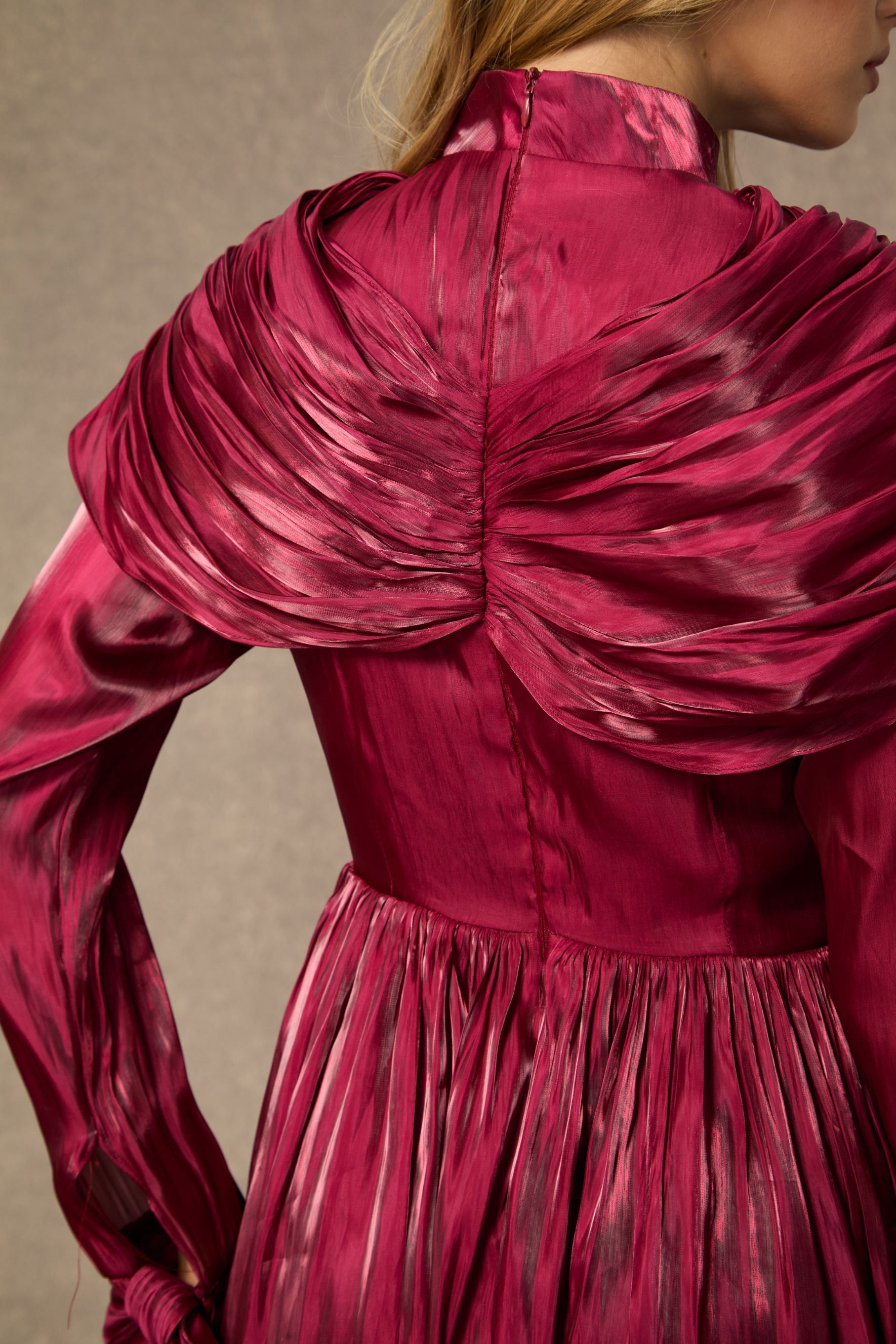 Starlit Elegance Burgundy Ruffled Cuff Pleated Maxi Dress