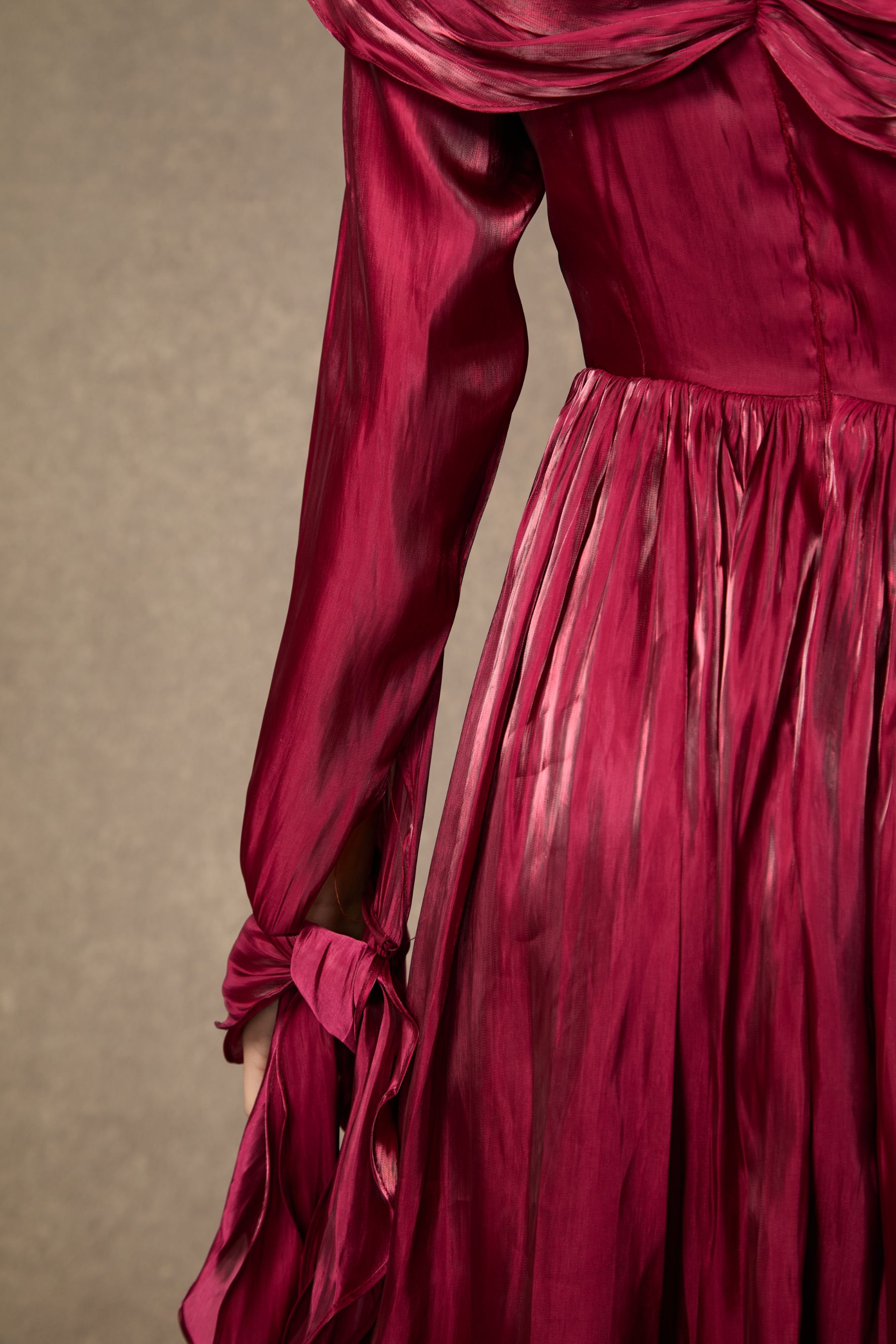 Starlit Elegance Burgundy Ruffled Cuff Pleated Maxi Dress